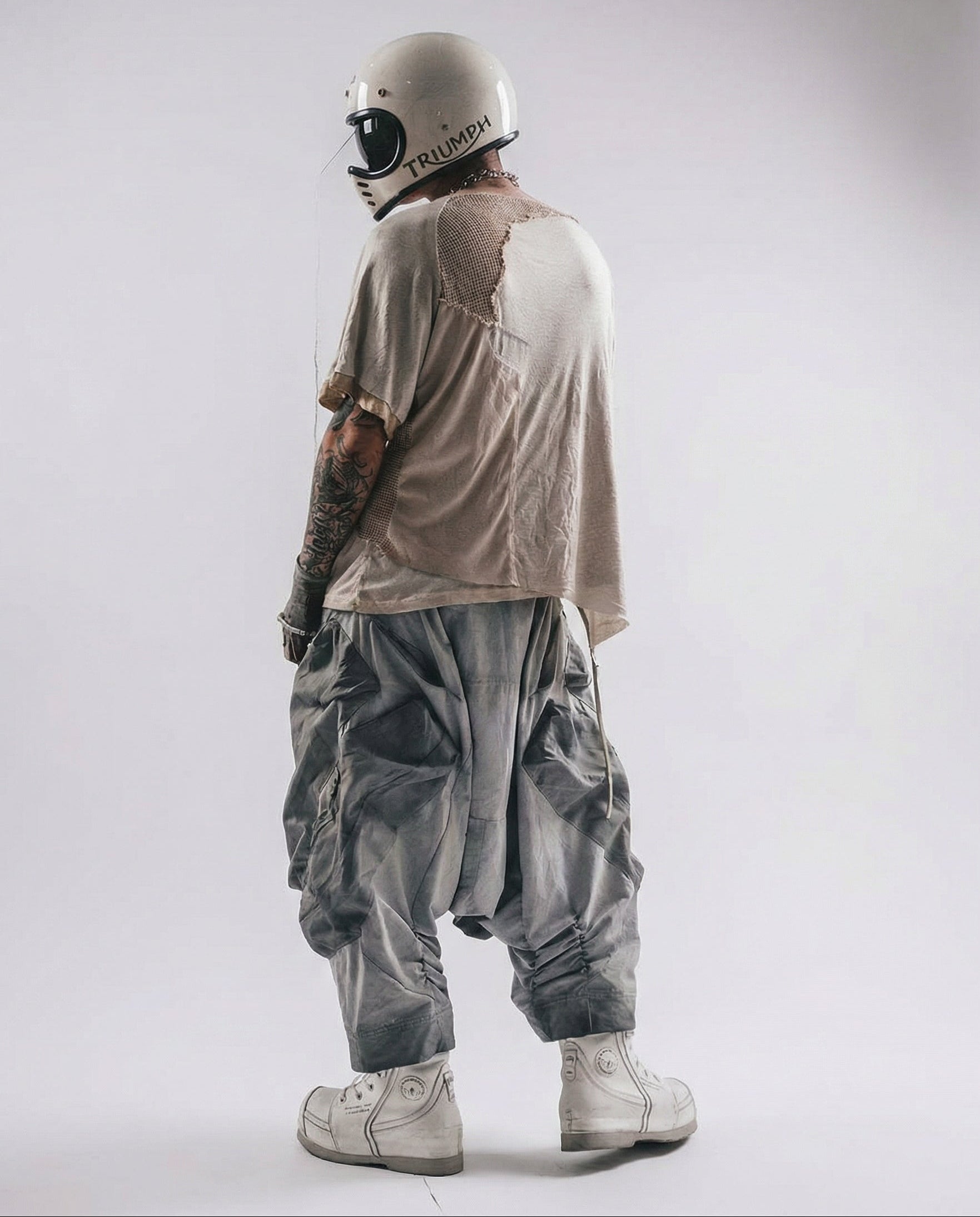 Washed Layered Zipper Drop-Crotch Cargo Pants Techwear