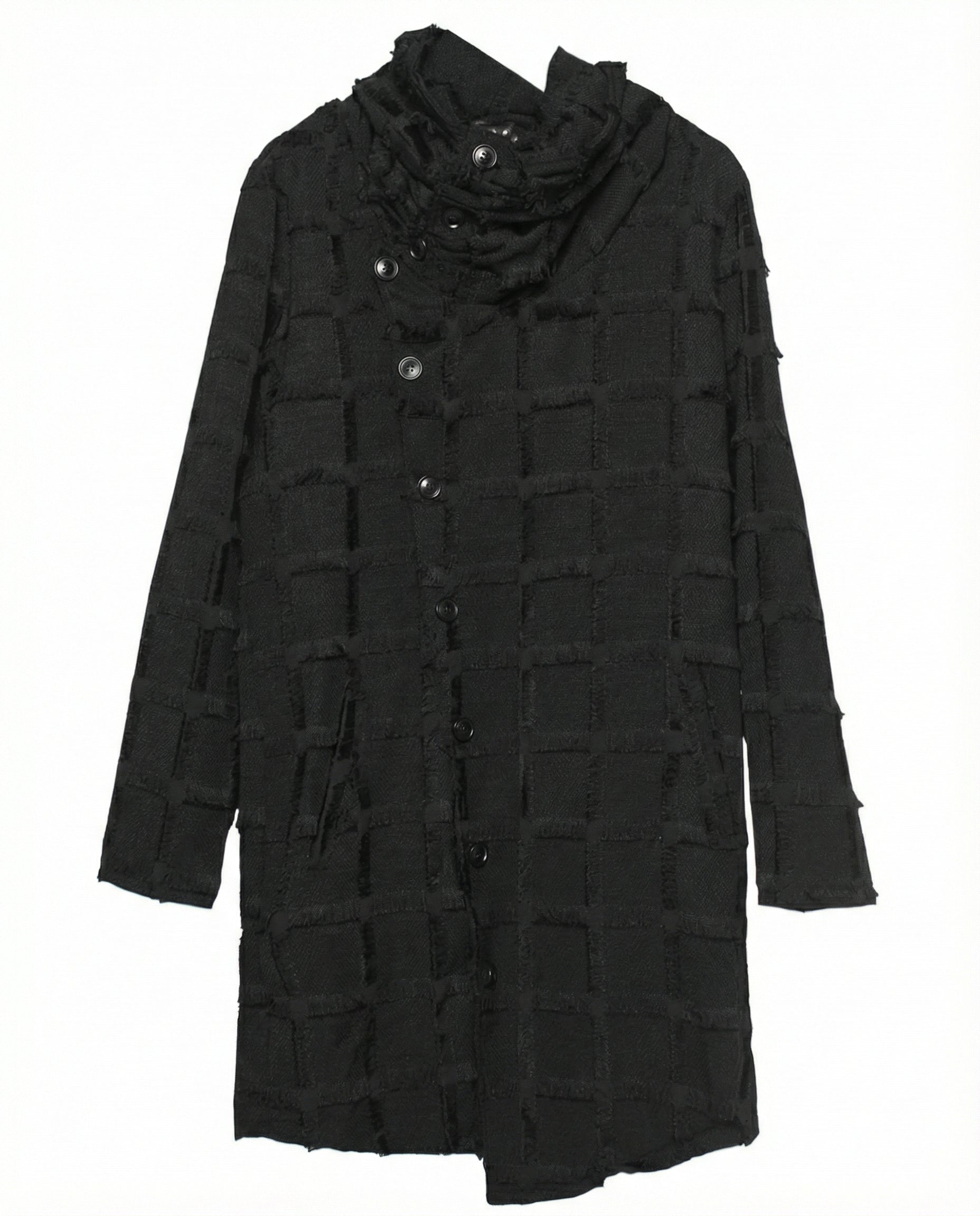Frayed Grid Asymmetric Trench Coat - Darkwear Techwear