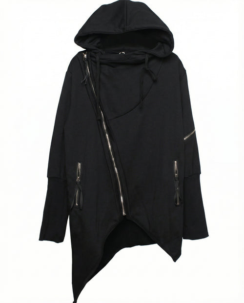 Asymmetrical Diagonal Zipper Hooded Cloak - Techwear Darkwear