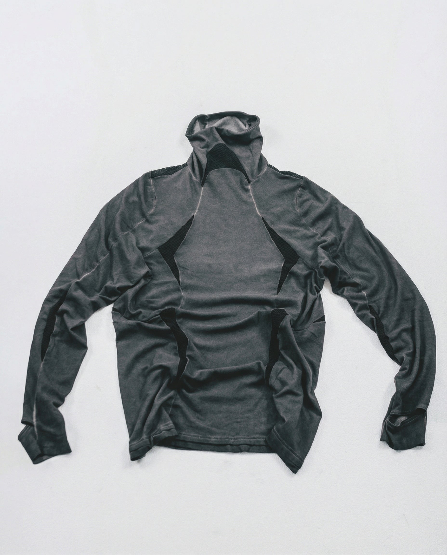 Geometric Mesh Patchwork Distressed Mock Neck Techwear Top