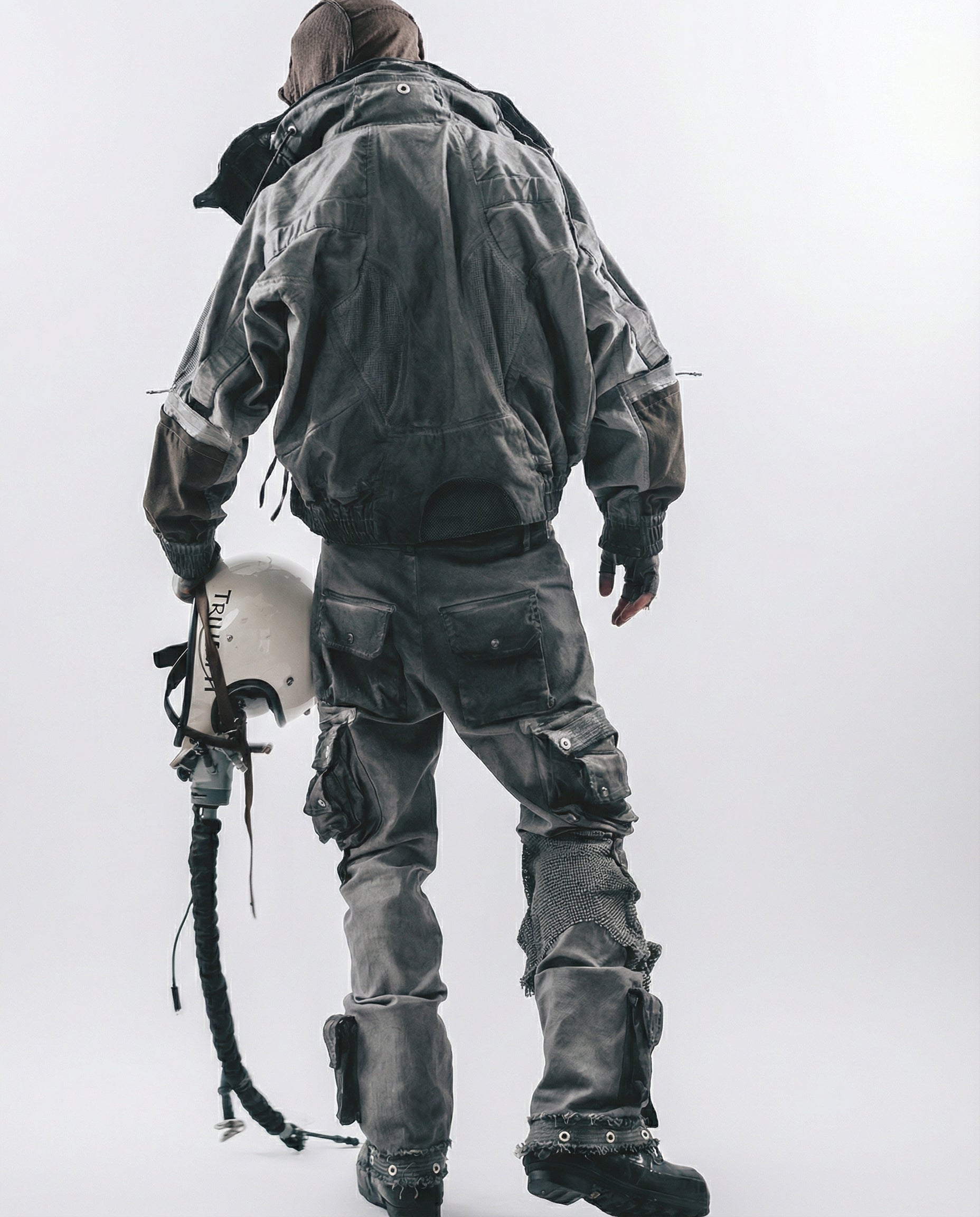 Distressed Spiderweb Flared Cargo Pants Techwear