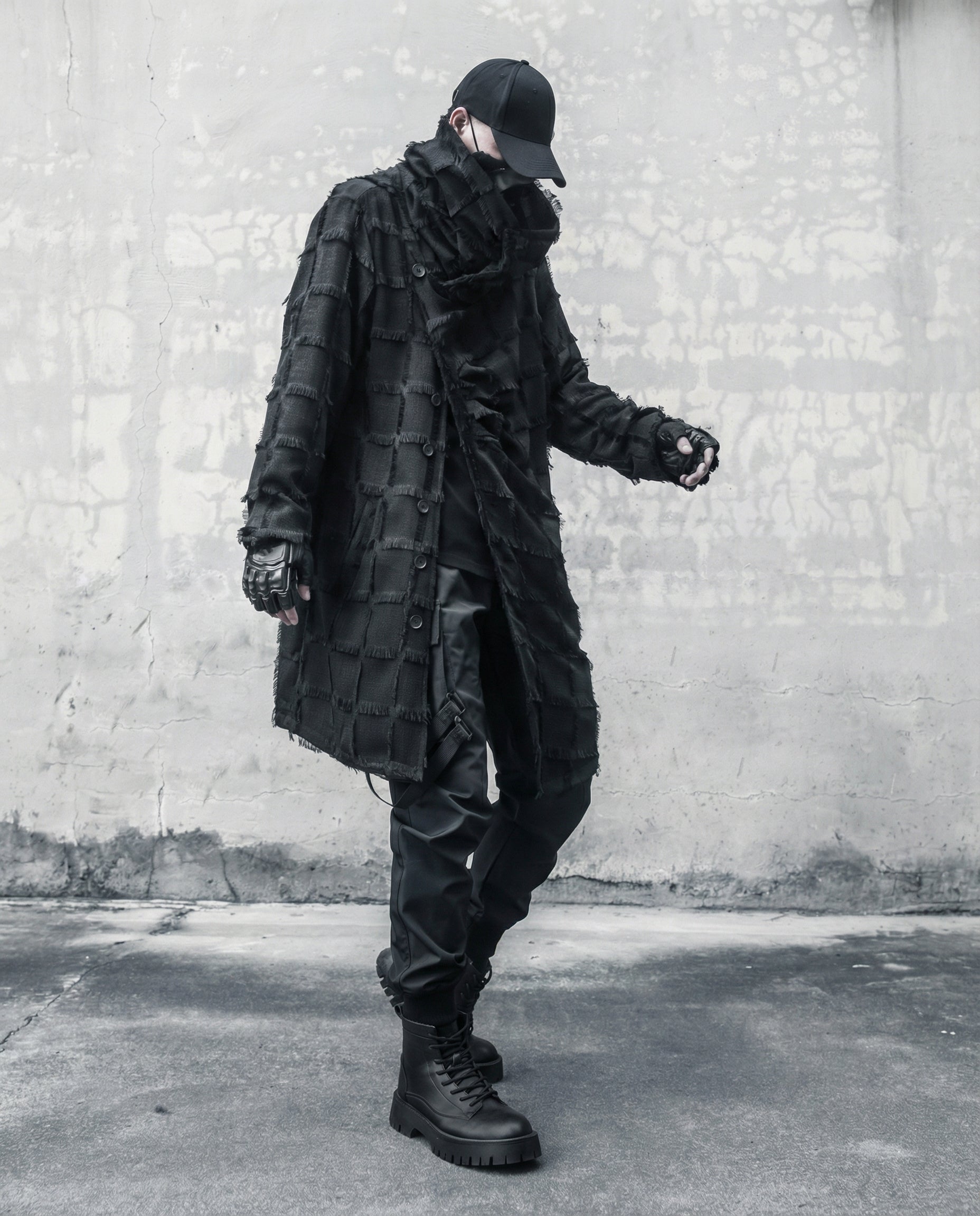 Frayed Grid Asymmetric Trench Coat - Darkwear Techwear