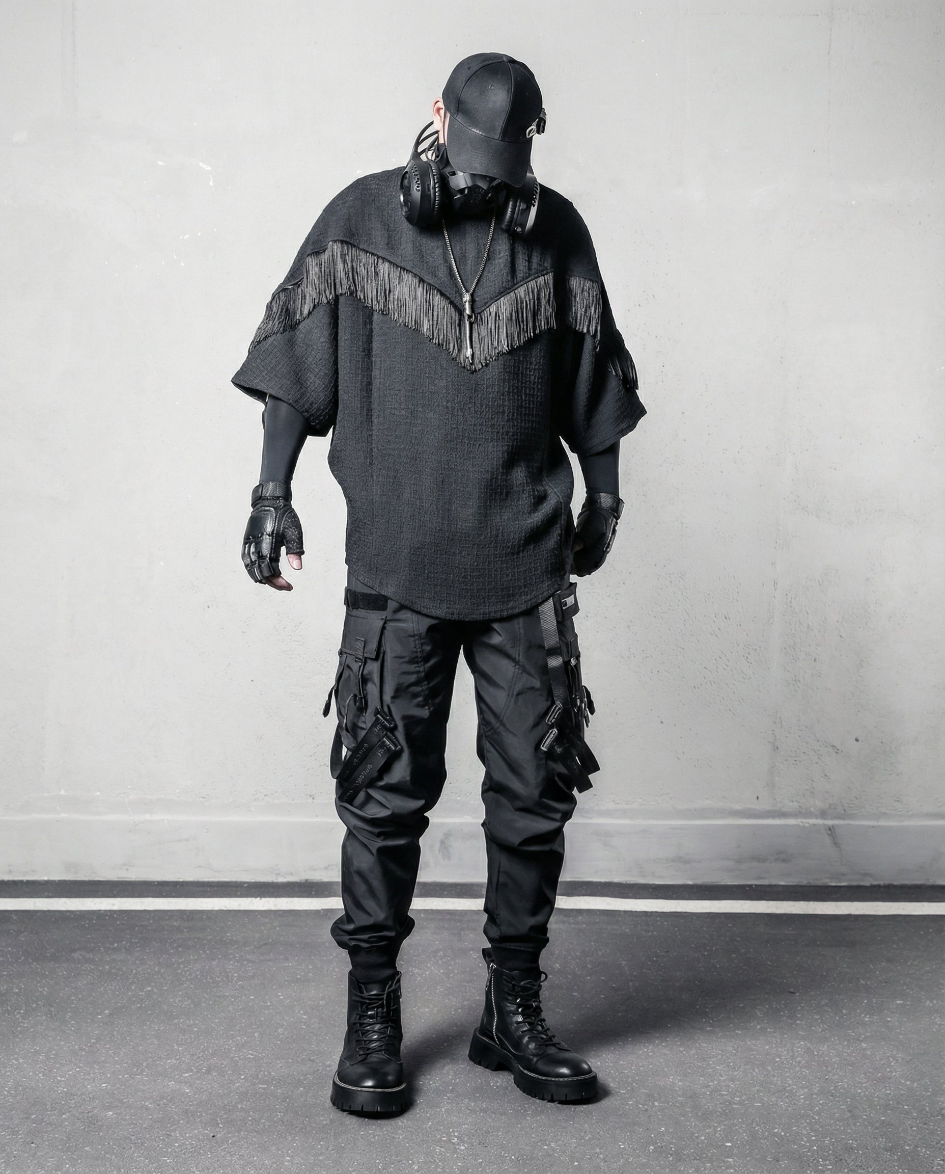 Fringe Patchwork Batwing T-Shirt - Oversized Techwear Top