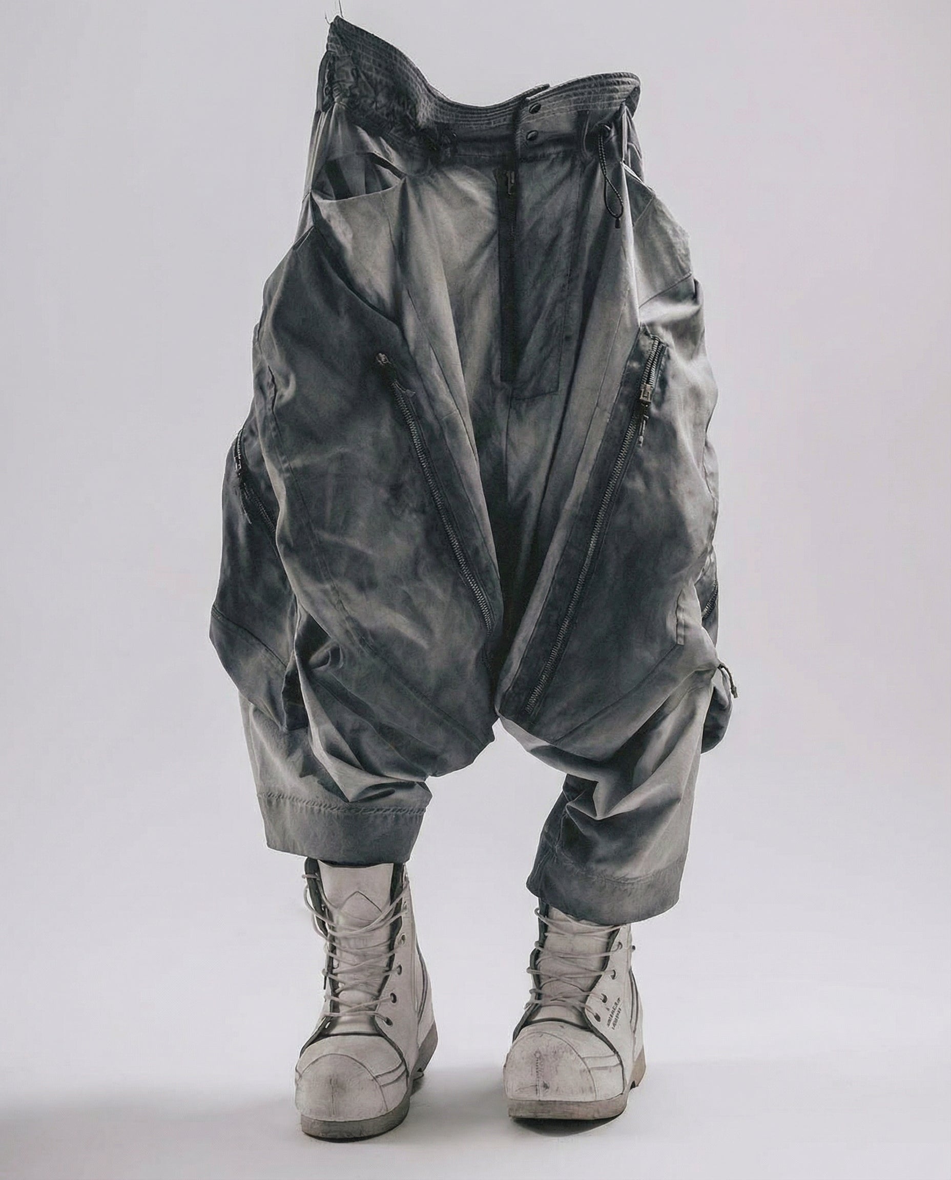Washed Layered Zipper Drop-Crotch Cargo Pants Techwear