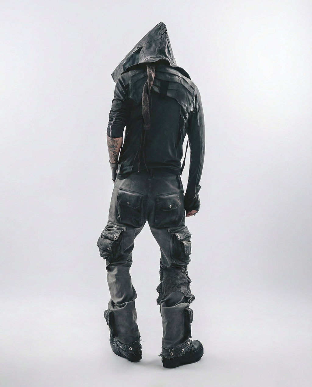 Geometric Mesh Patchwork Distressed Mock Neck Techwear Top