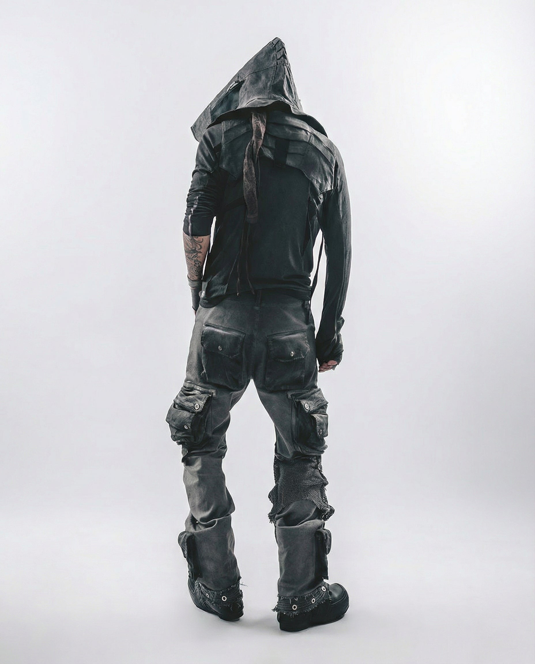 Geometric Mesh Patchwork Distressed Mock Neck Techwear Top