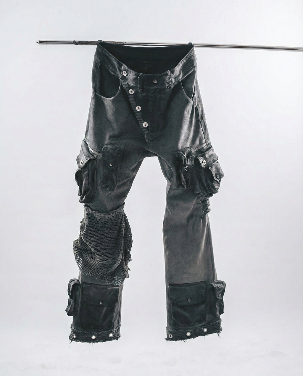 Distressed Spiderweb Flared Cargo Pants Techwear