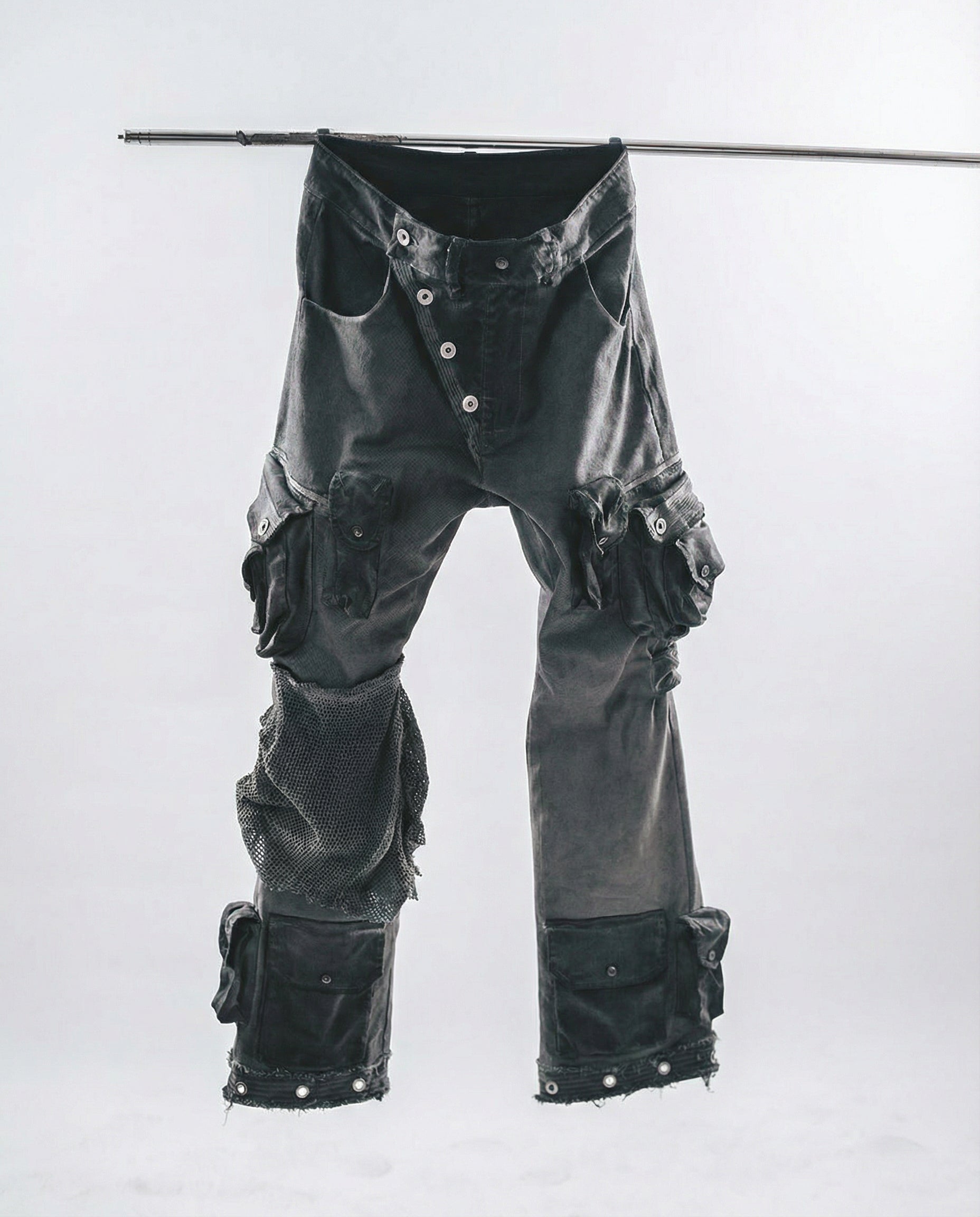 Distressed Spiderweb Flared Cargo Pants Techwear
