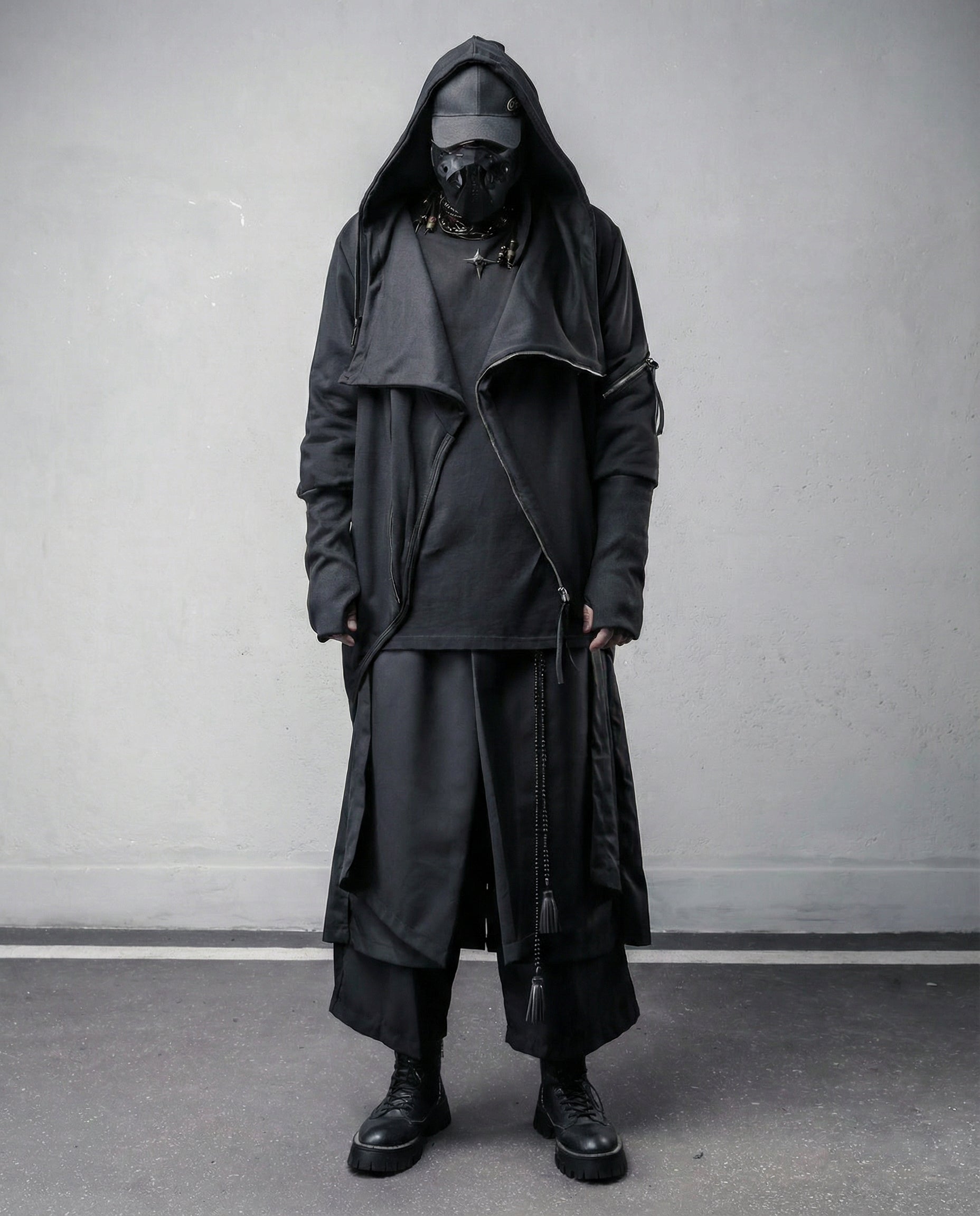 Asymmetrical Diagonal Zipper Hooded Cloak - Techwear Darkwear