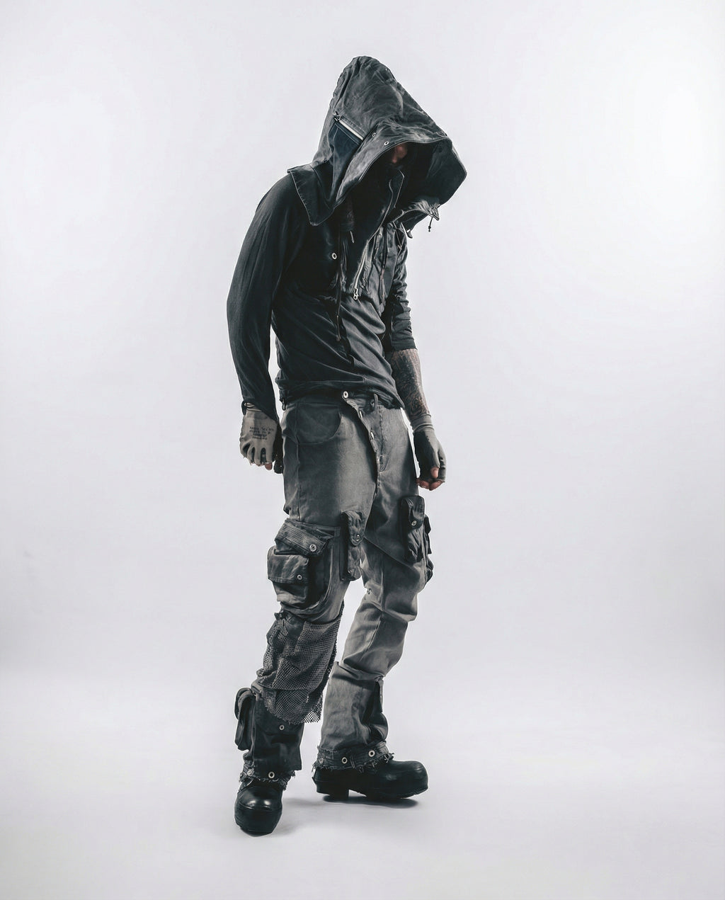 Geometric Mesh Patchwork Distressed Mock Neck Techwear Top