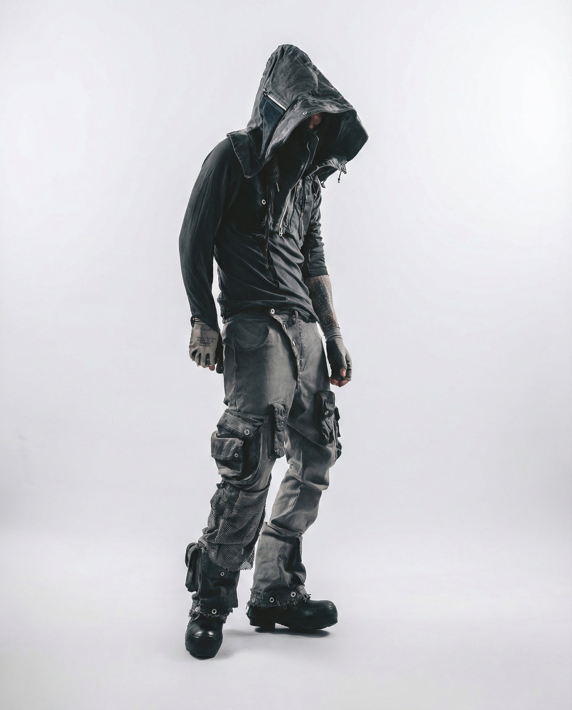 Geometric Mesh Patchwork Distressed Mock Neck Techwear Top