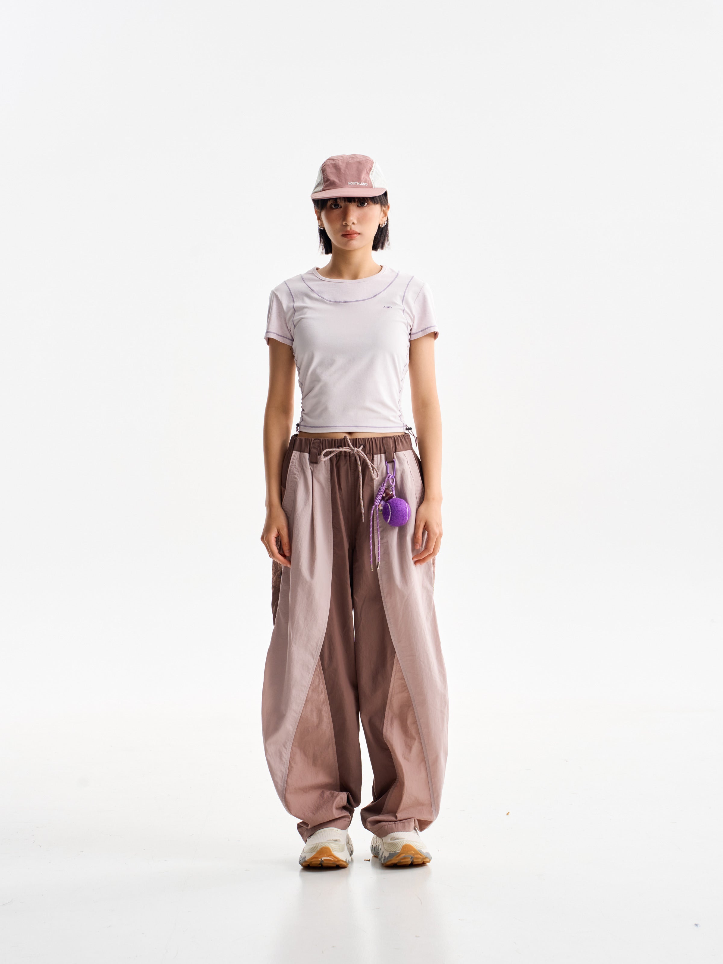 Pink Brown hiking pants — front view with a drawcord waist and softly gathered hems