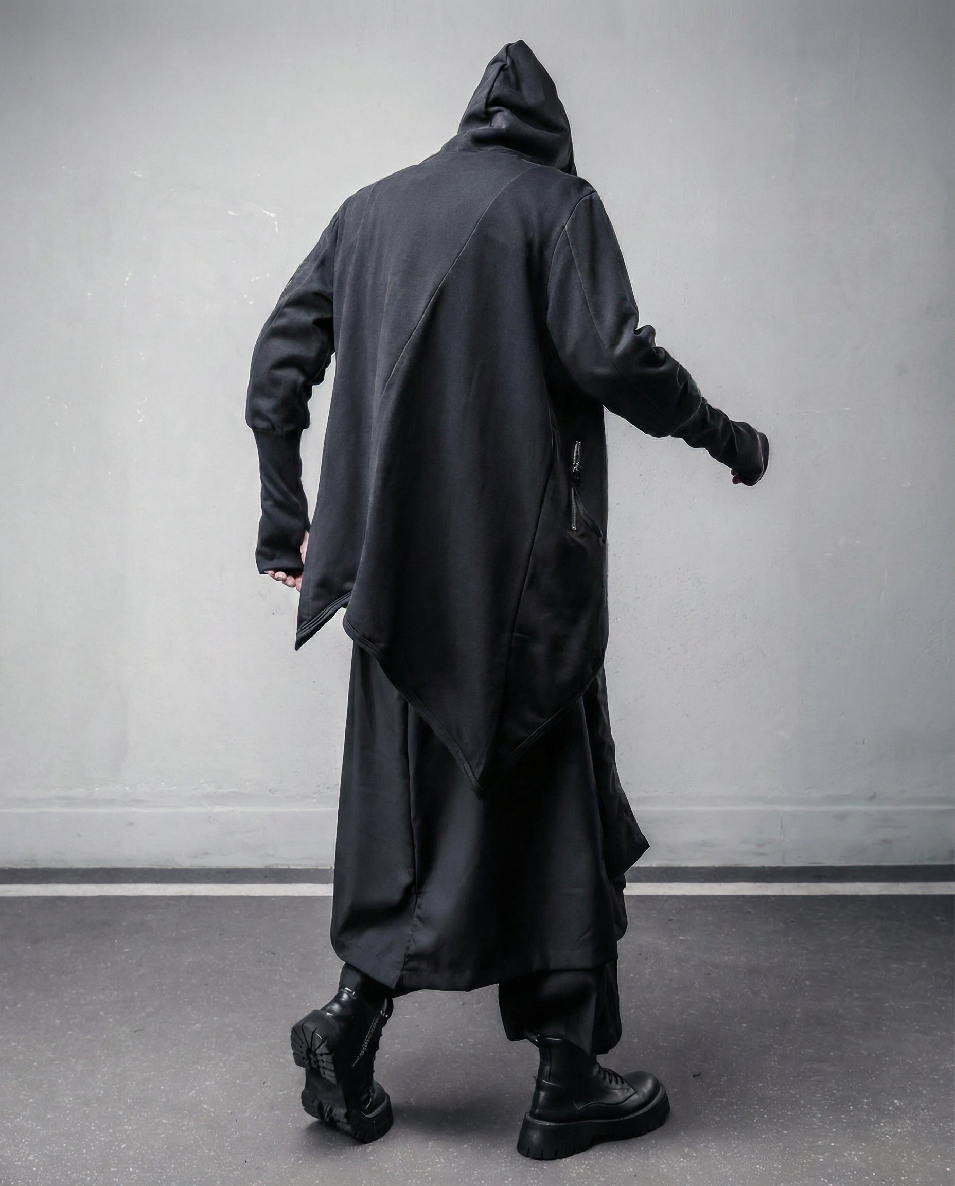 Asymmetrical Diagonal Zipper Hooded Cloak - Techwear Darkwear