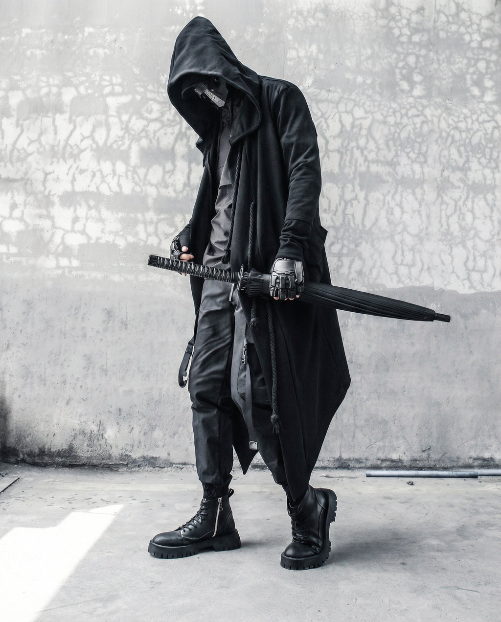 Dark Samurai Hooded Cloak Coat - Techwear Longline Cardigan