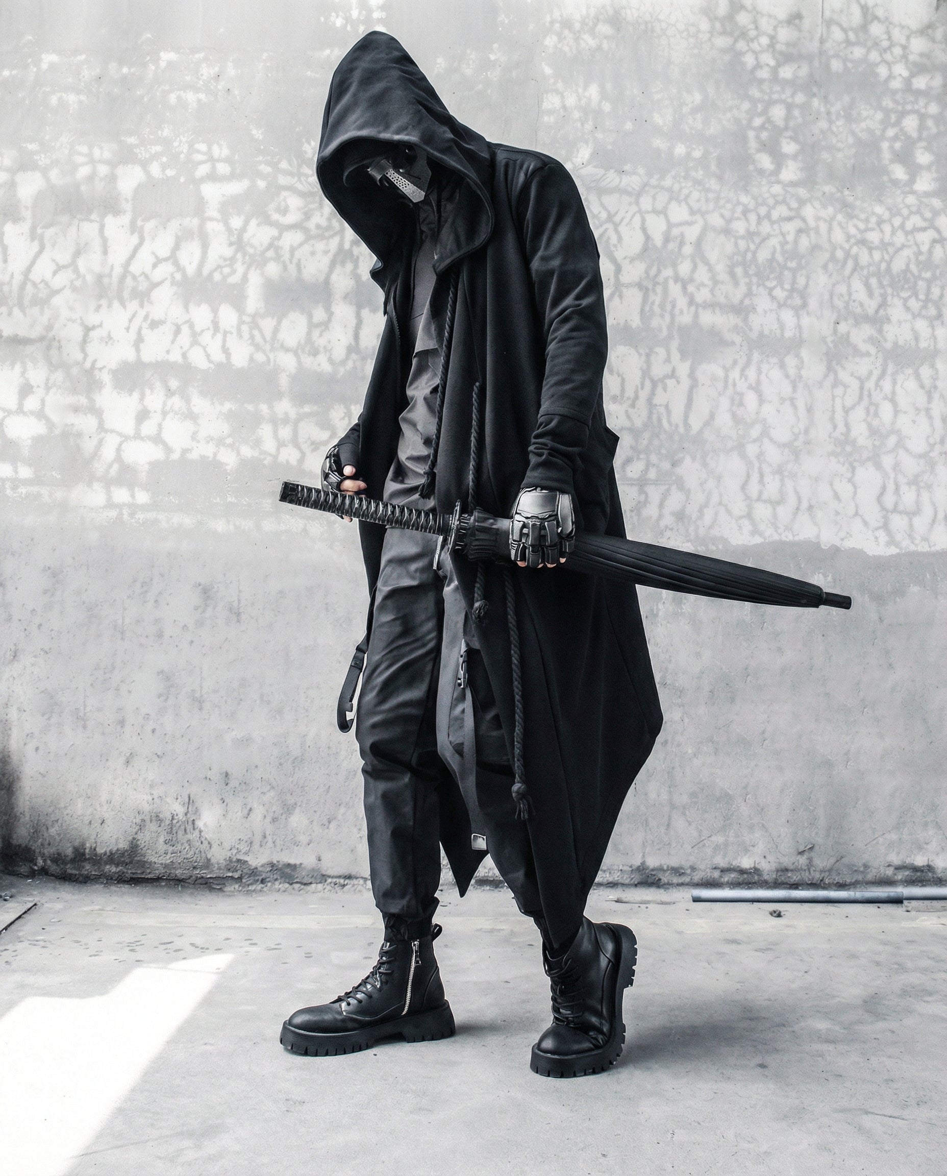 Dark Samurai Hooded Cloak Coat - Techwear Longline Cardigan