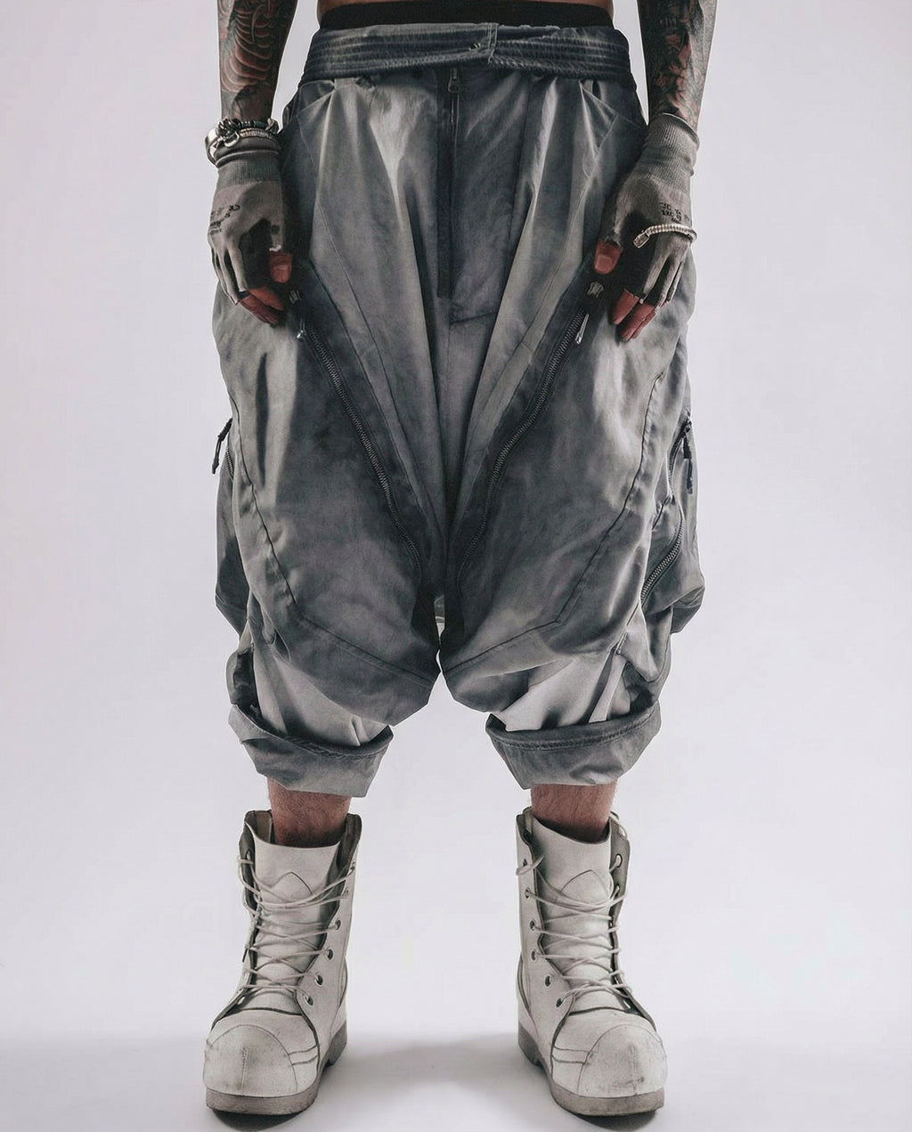 Washed Layered Zipper Drop-Crotch Cargo Pants Techwear