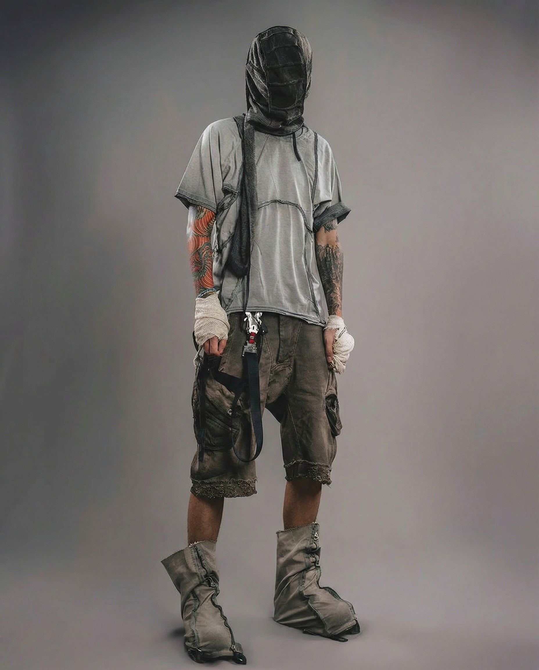 Distressed 3D Patchwork Raglan Tee - Wasteland Techwear