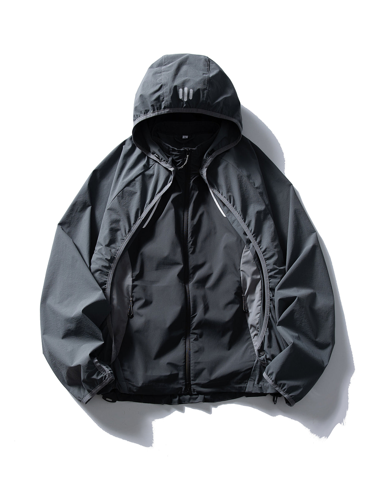 Gray jacket — flat front view with the hood, sleeves and front zips visible