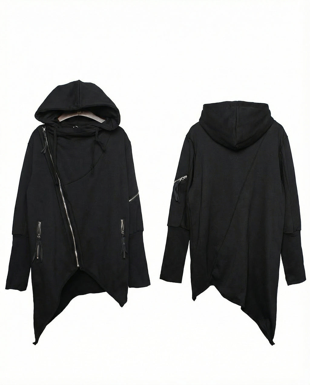 Asymmetrical Diagonal Zipper Hooded Cloak - Techwear Darkwear