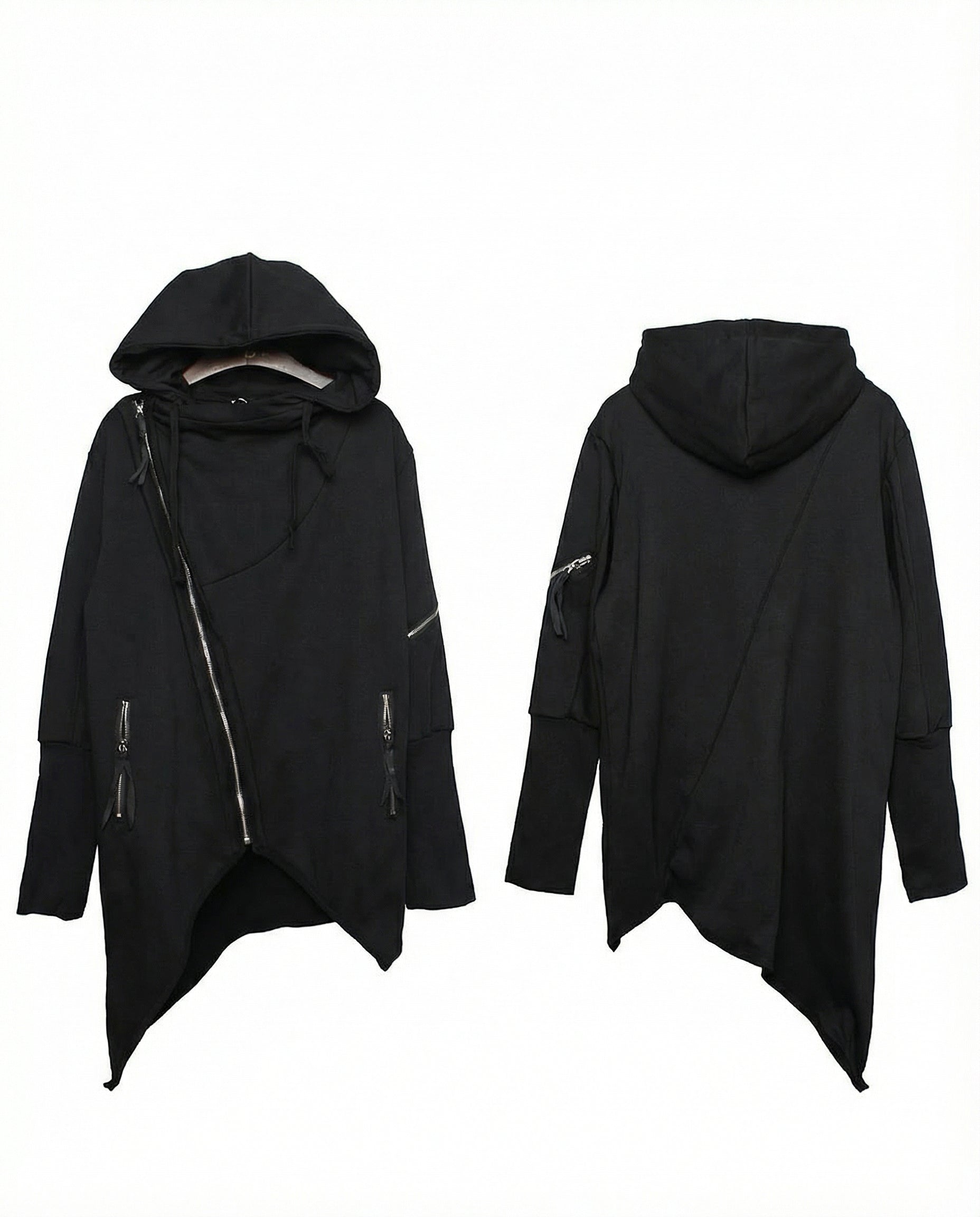 Asymmetrical Diagonal Zipper Hooded Cloak - Techwear Darkwear