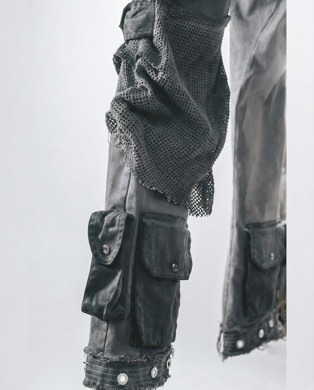 Distressed Spiderweb Flared Cargo Pants Techwear