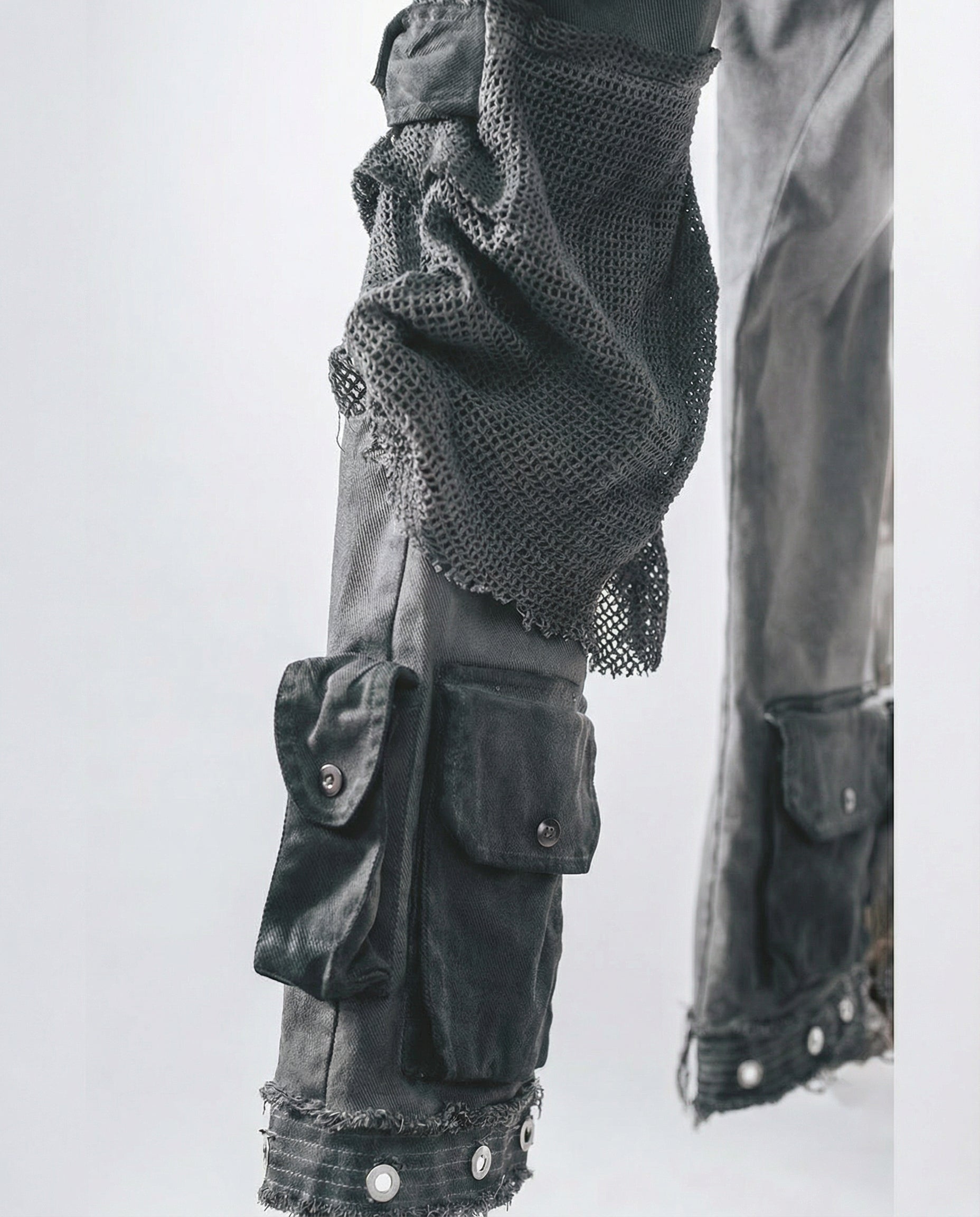 Distressed Spiderweb Flared Cargo Pants Techwear