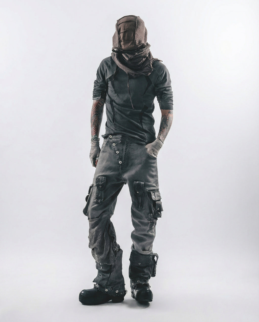 Geometric Mesh Patchwork Distressed Mock Neck Techwear Top