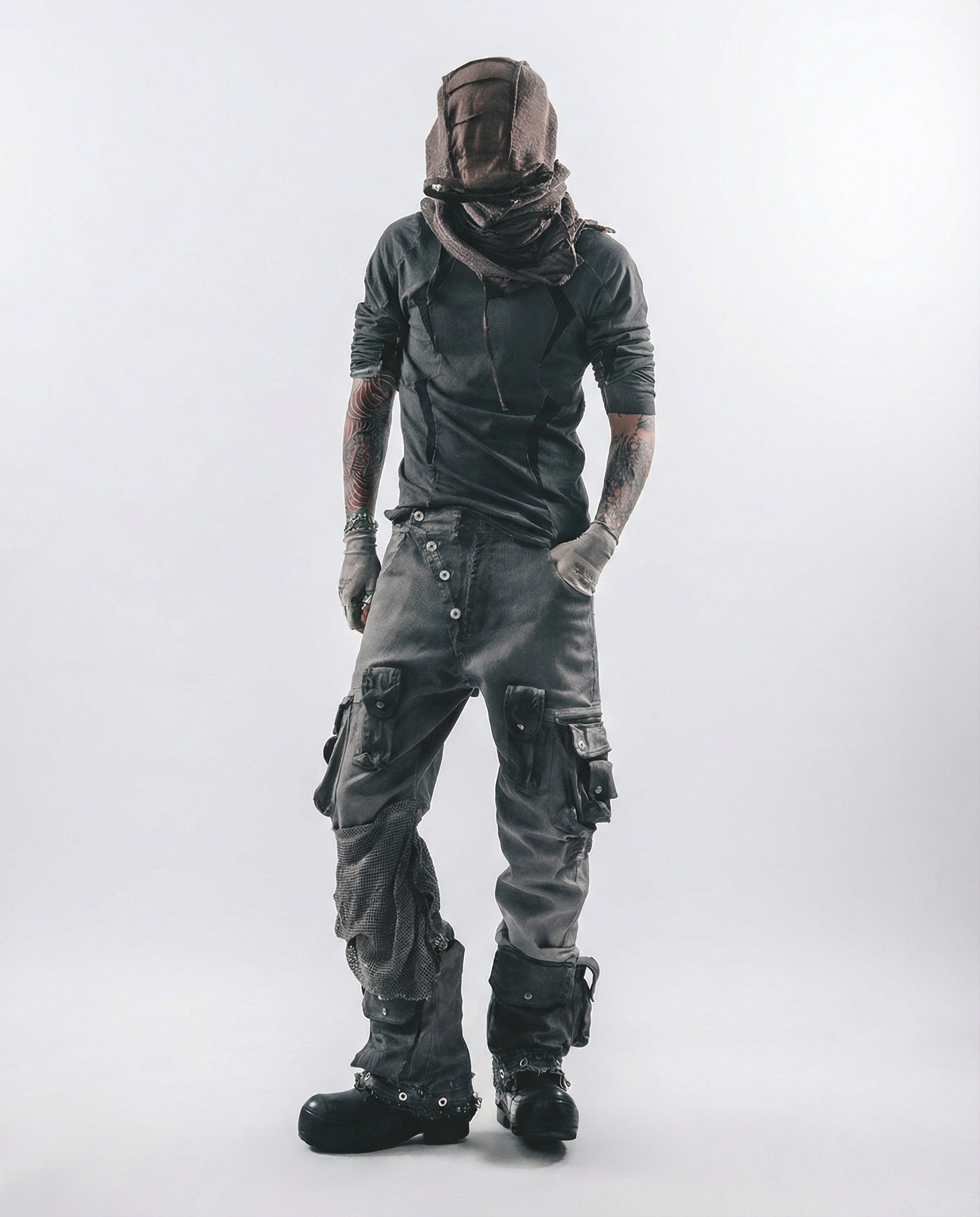 Geometric Mesh Patchwork Distressed Mock Neck Techwear Top