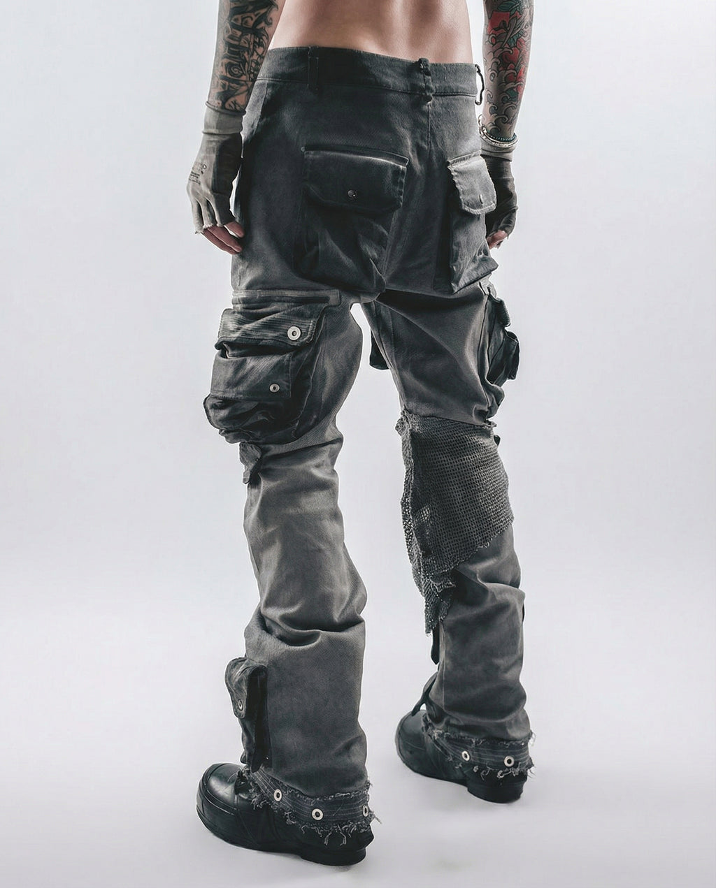 Distressed Spiderweb Flared Cargo Pants Techwear