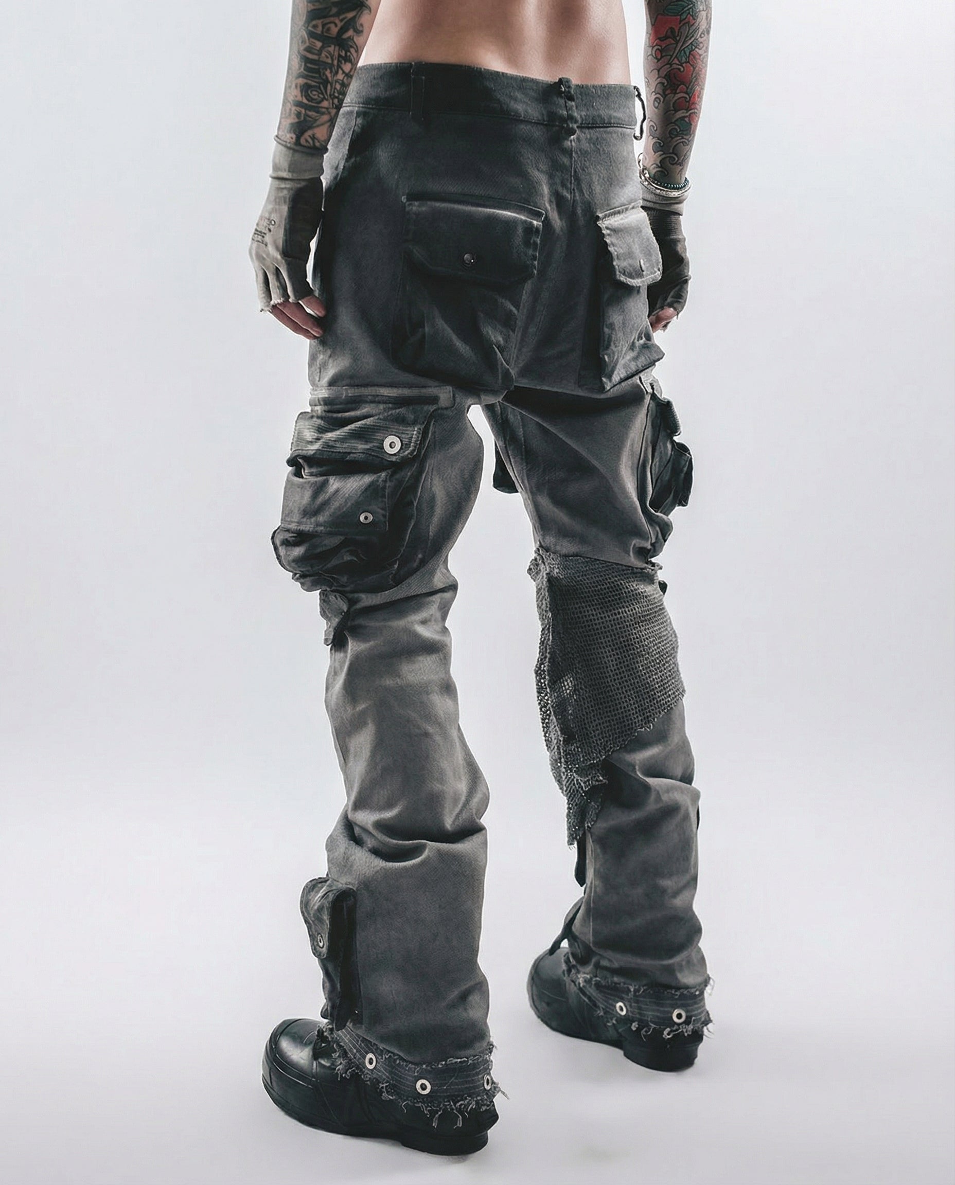 Distressed Spiderweb Flared Cargo Pants Techwear