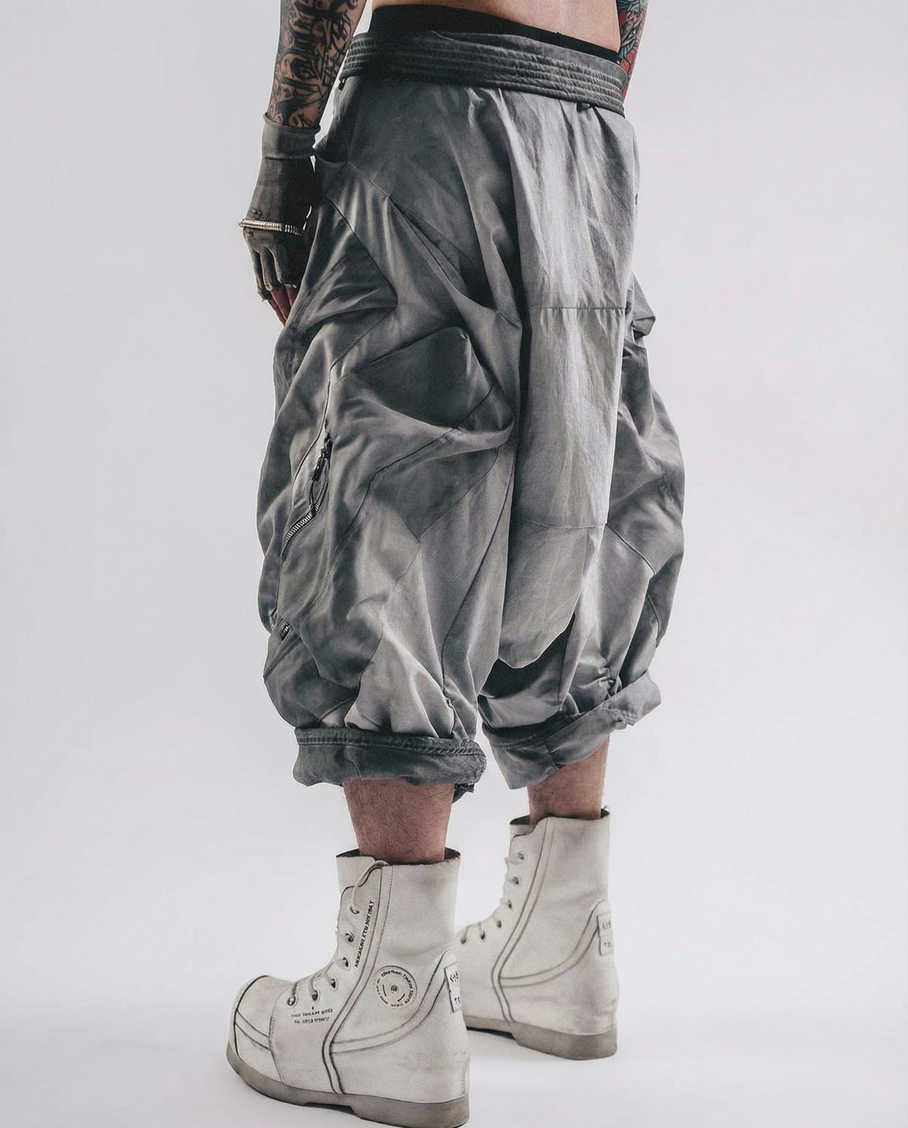 Washed Layered Zipper Drop-Crotch Cargo Pants Techwear