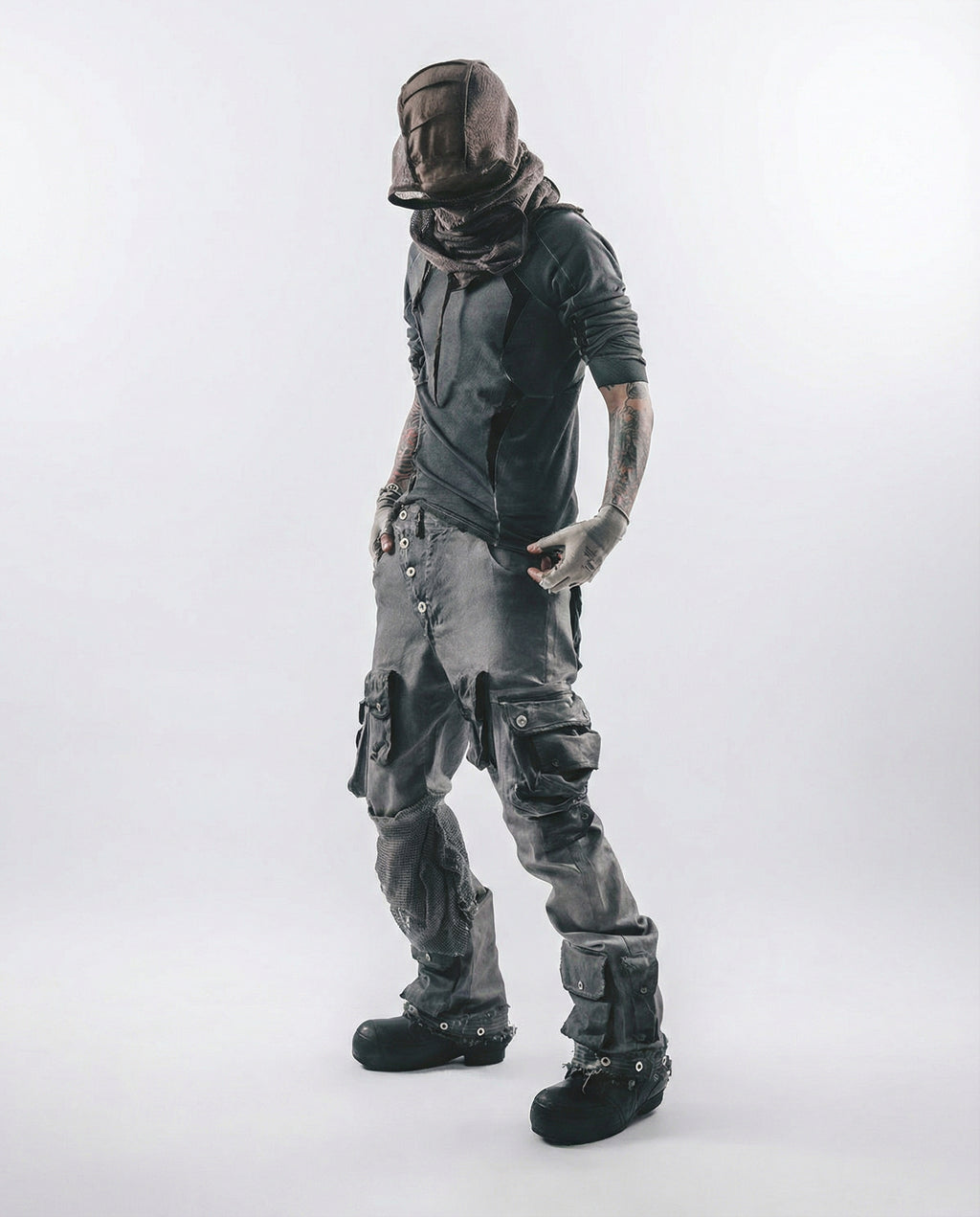 Geometric Mesh Patchwork Distressed Mock Neck Techwear Top