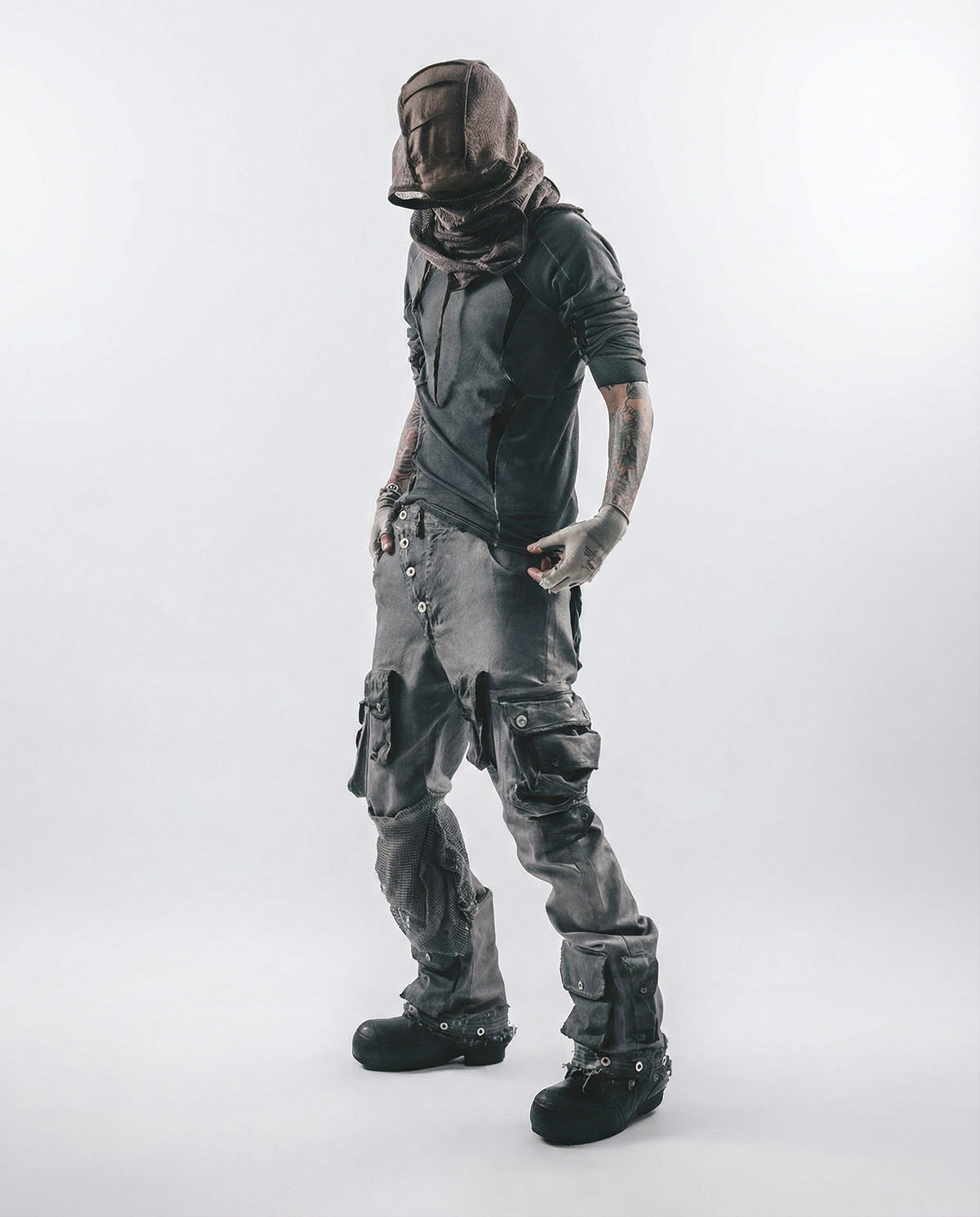 Geometric Mesh Patchwork Distressed Mock Neck Techwear Top