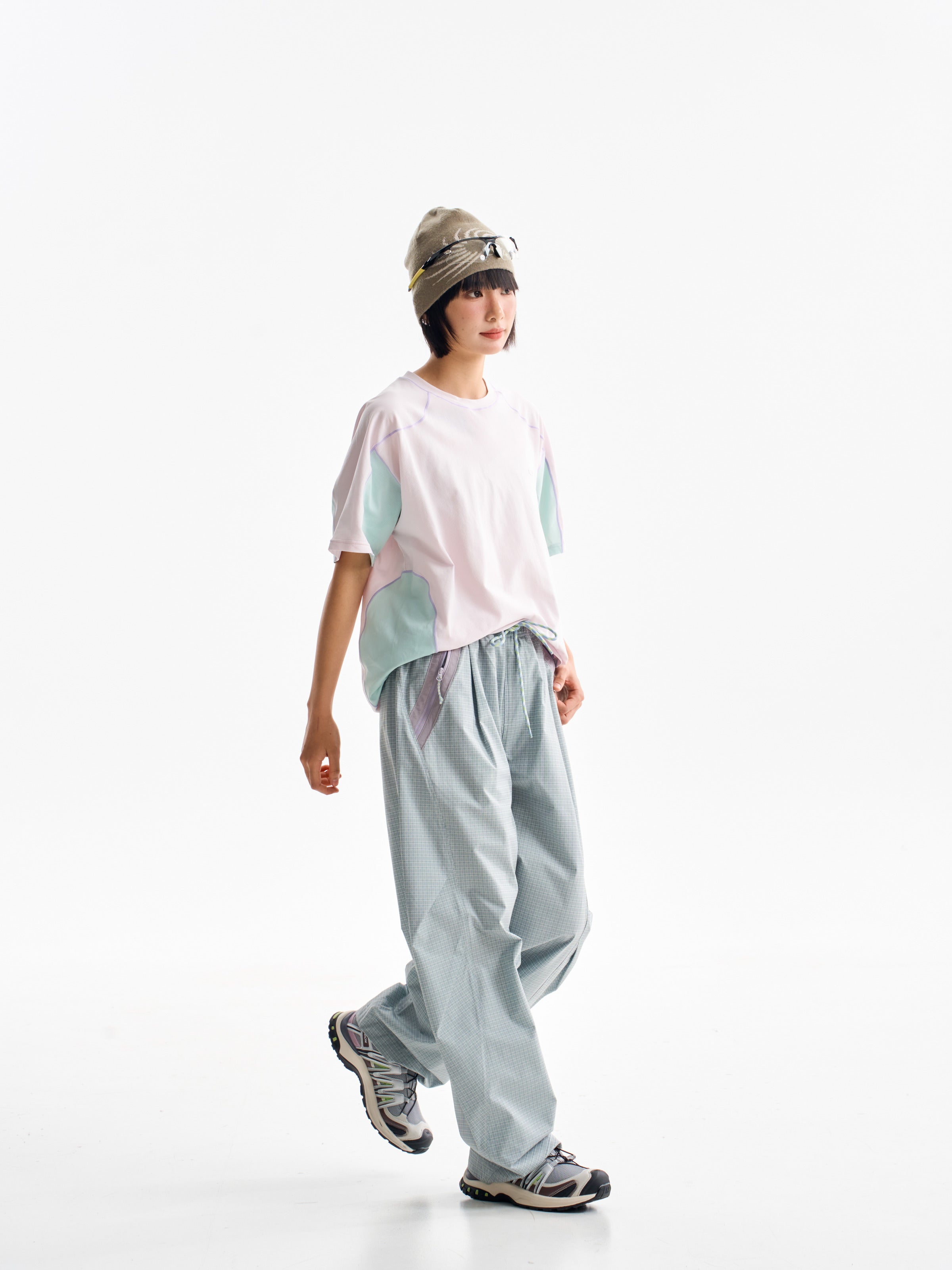 Celadon Green hiking cargo pants — side view showing the curved leg profile