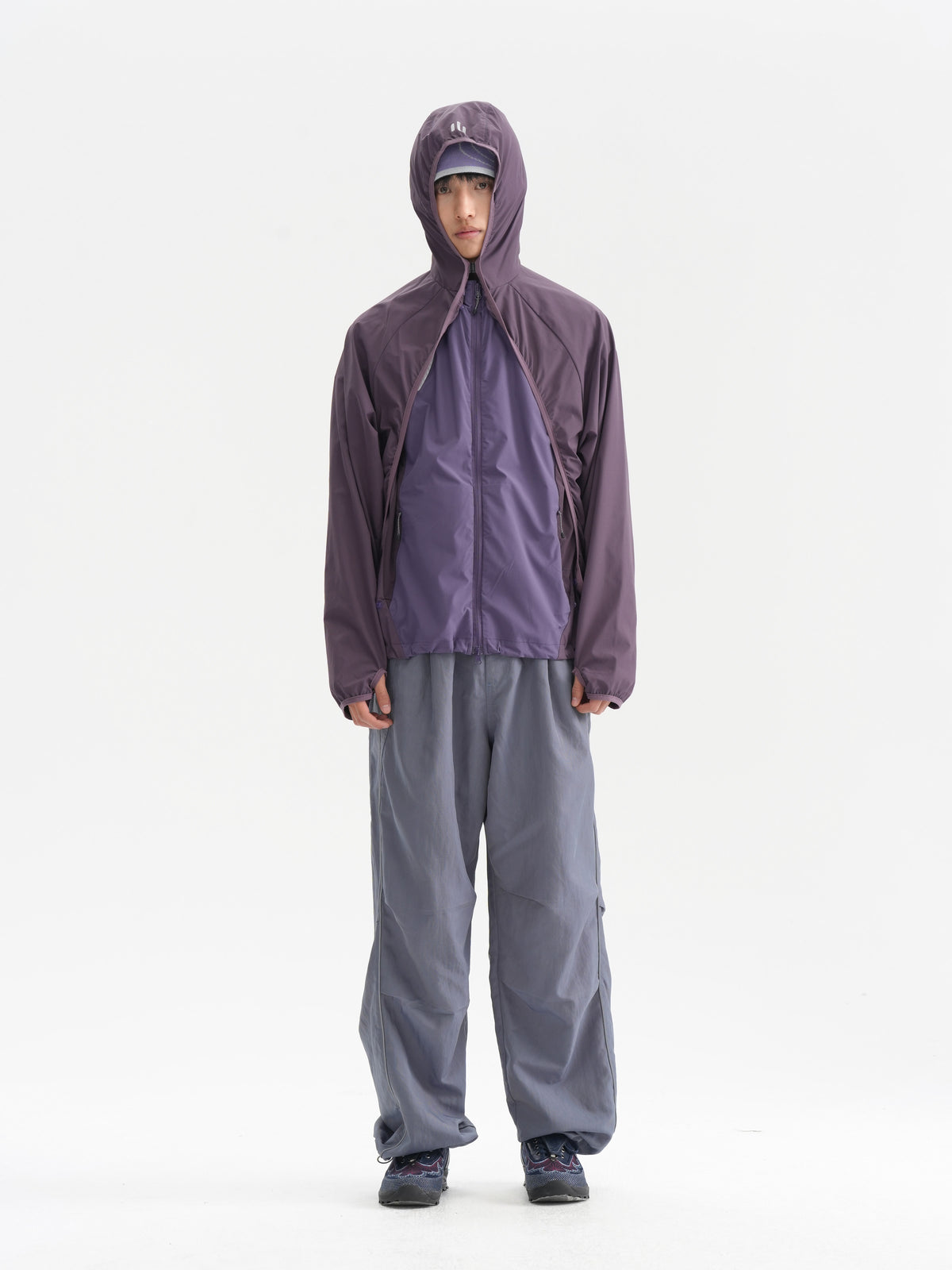 Purple jacket — front view showing the two-layer construction and full length