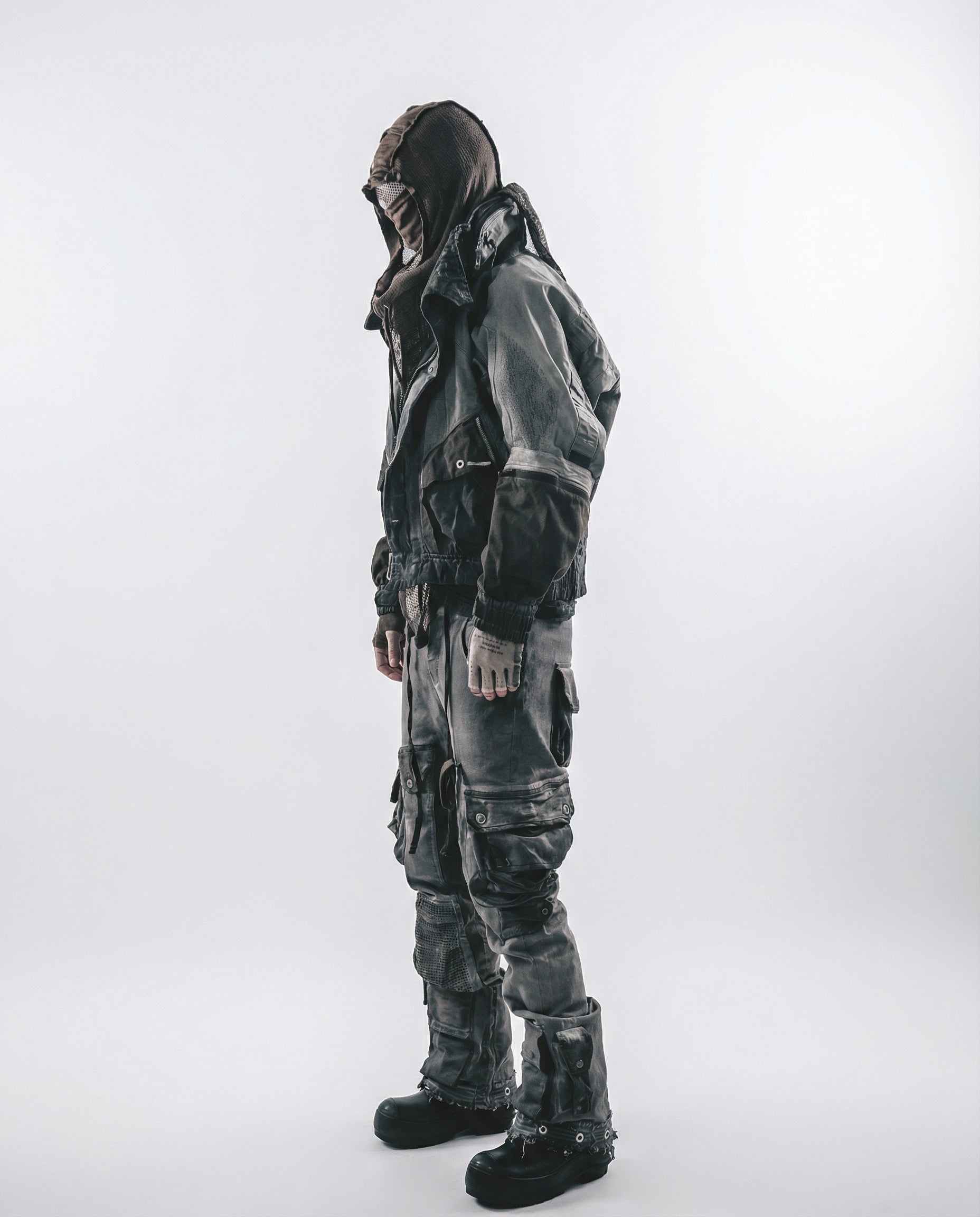 Distressed Spiderweb Flared Cargo Pants Techwear