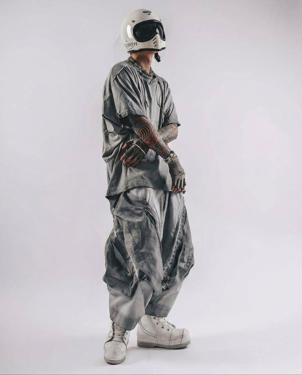 Washed Layered Zipper Drop-Crotch Cargo Pants Techwear
