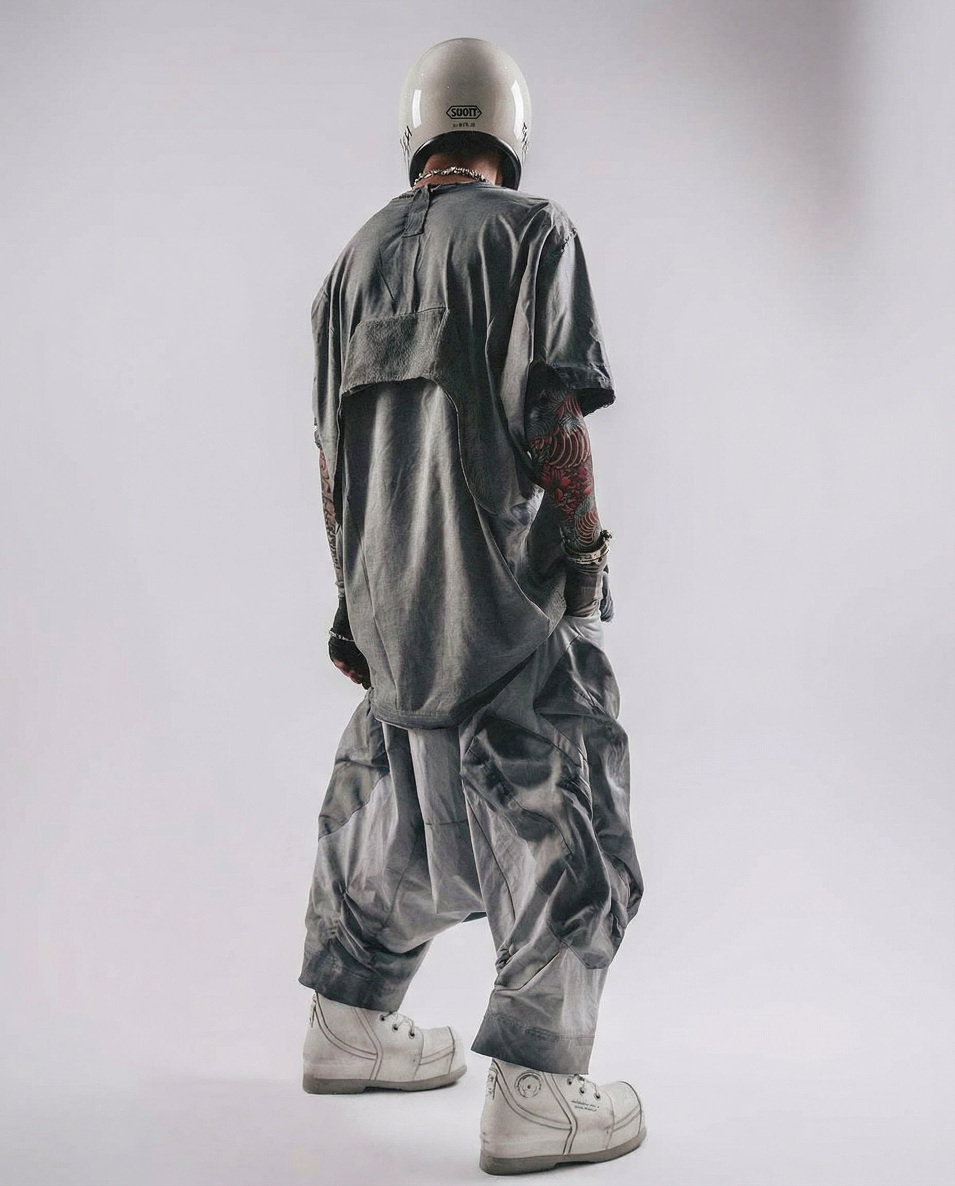 Washed Layered Zipper Drop-Crotch Cargo Pants Techwear