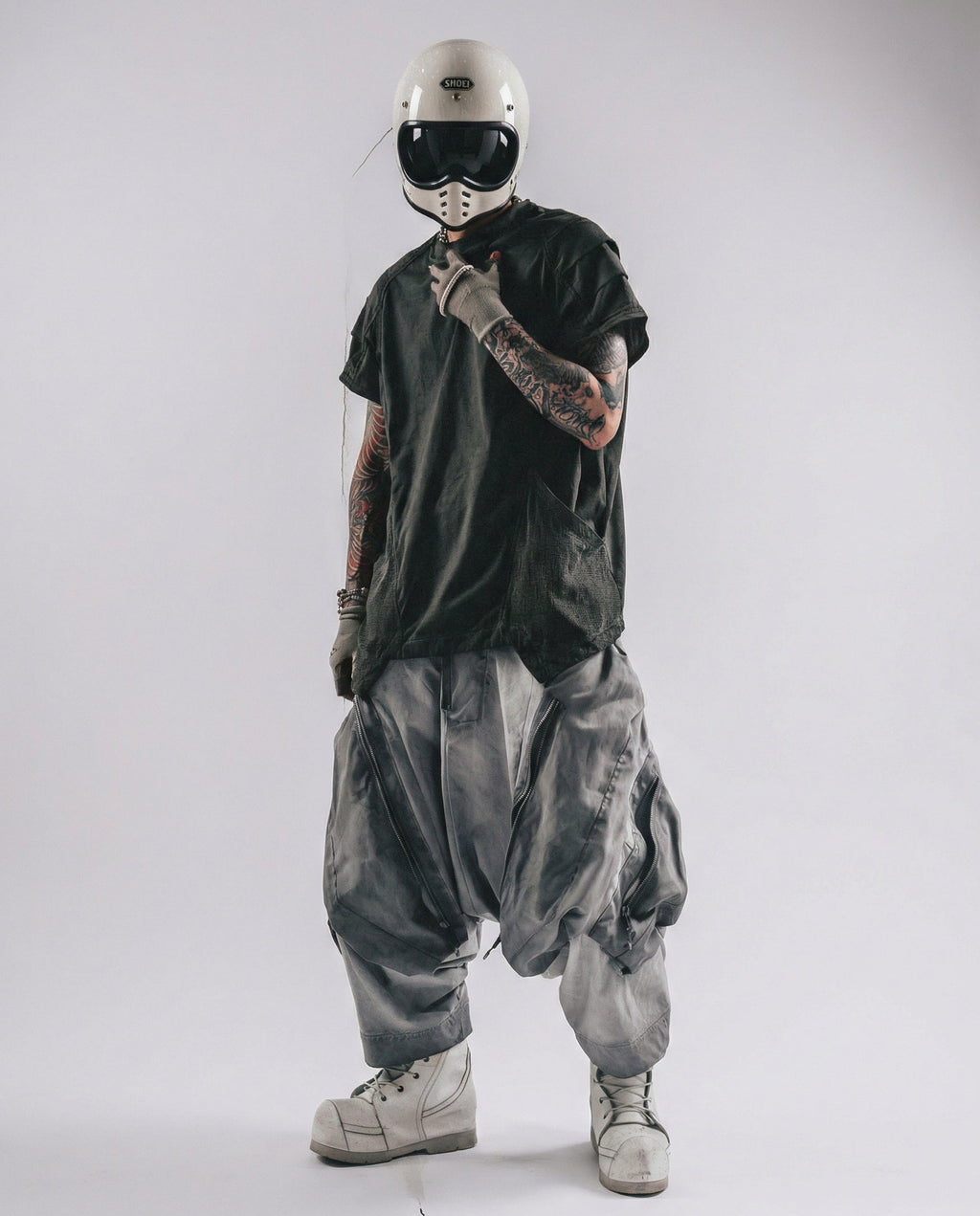Washed Layered Zipper Drop-Crotch Cargo Pants Techwear
