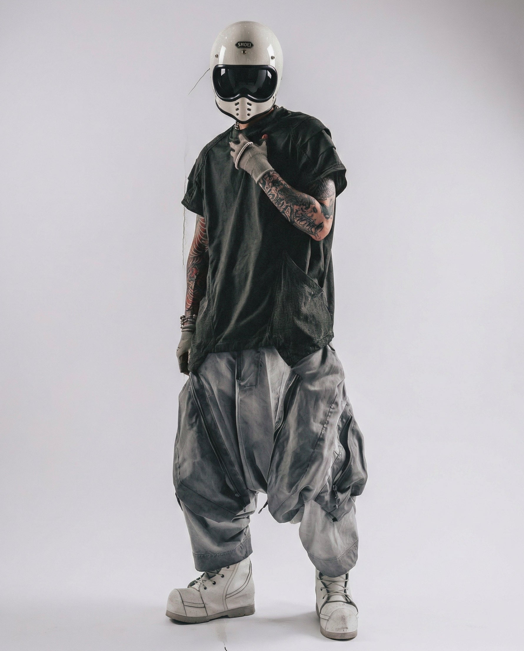 Washed Layered Zipper Drop-Crotch Cargo Pants Techwear