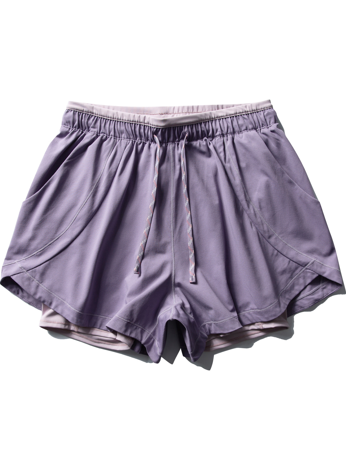 Purple hiking shorts — flat front view with the drawcord and outer panels spread out