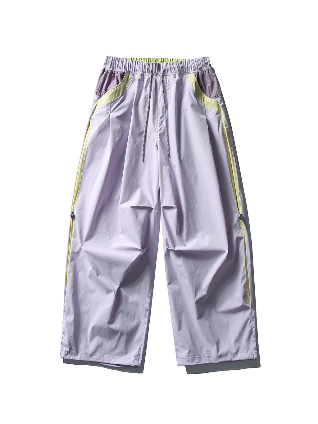 Purple Pink hiking pants — flat front view showing yellow trim and open hems