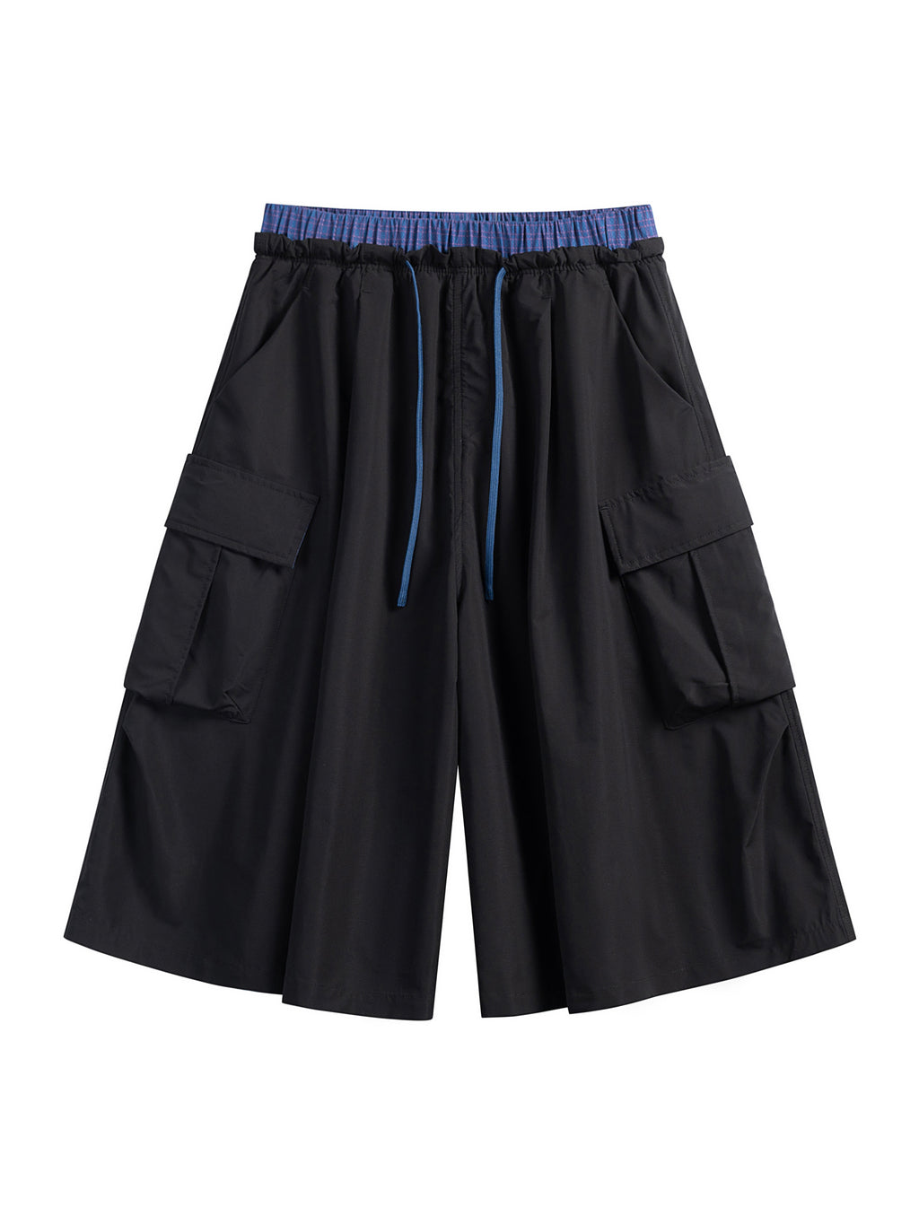 Black hiking capri pants — flat front view with blue waist detailing and cargo pockets