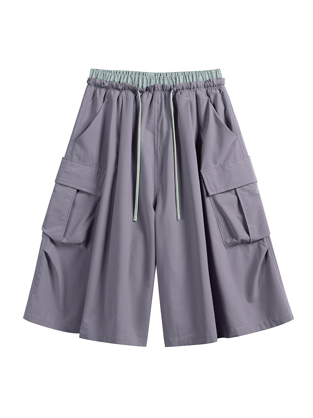 Gray Pink hiking capri pants — flat front view with a pale green waistband and drawcord