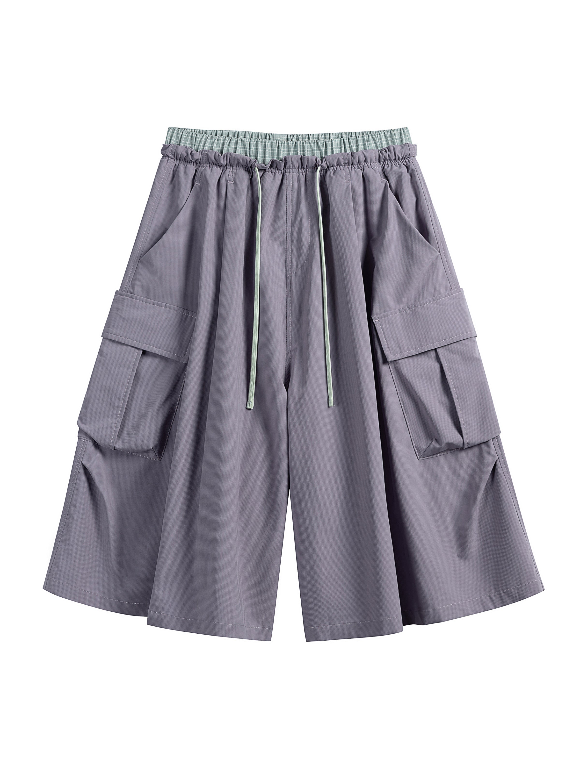 Gray Pink hiking capri pants — flat front view with a pale green waistband and drawcord