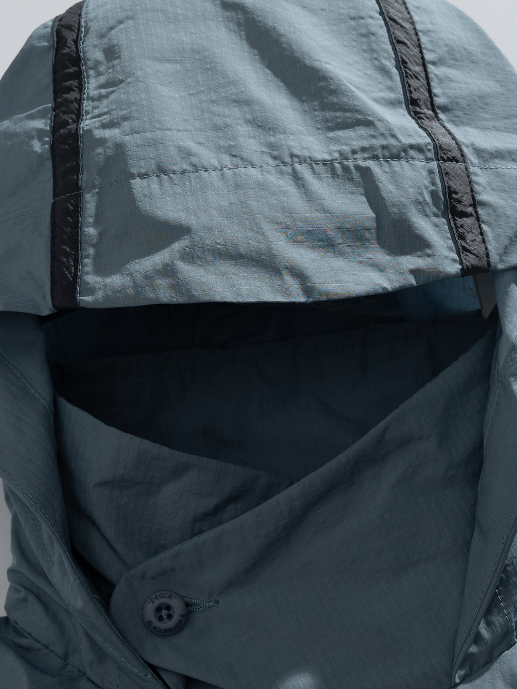 Blue jacket — close-up of the hood opening and buttoned collar