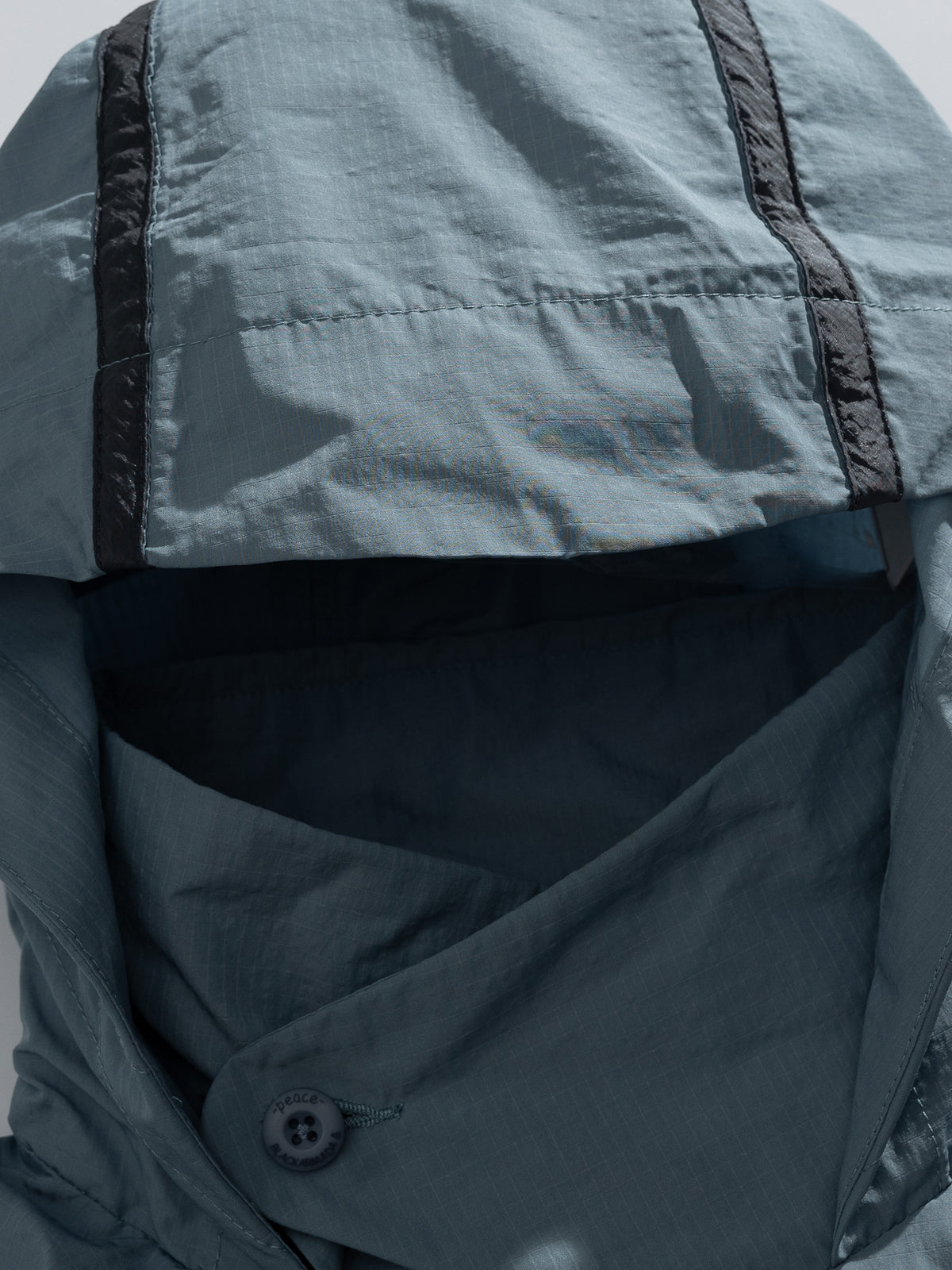 Blue jacket — close-up of the hood opening and buttoned collar