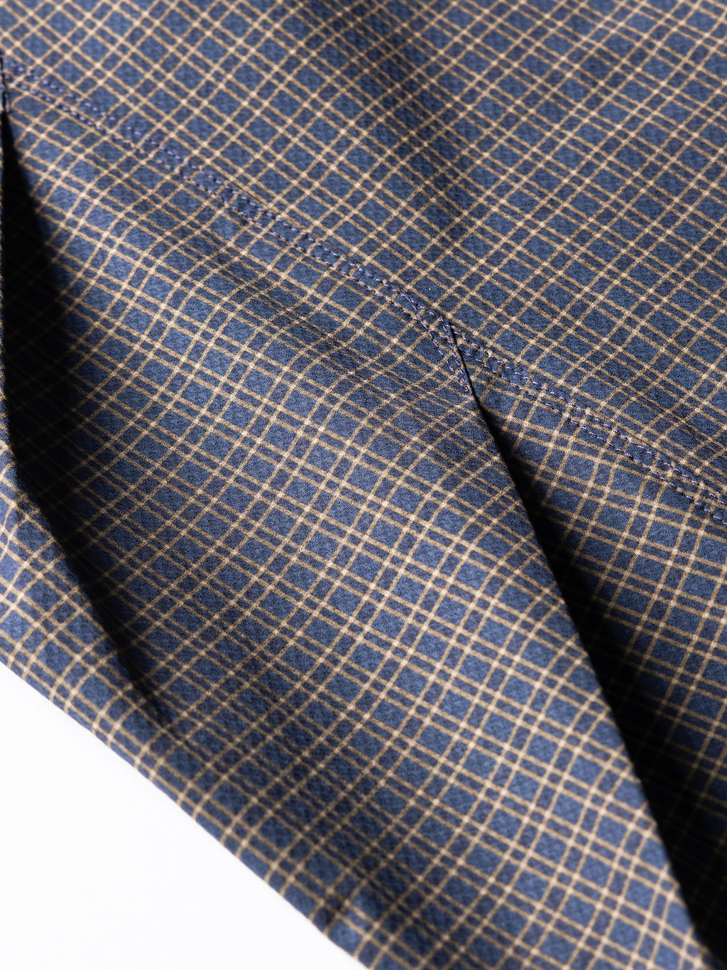 Slate Purple hiking cargo pants — close-up of the fine weave and yellow check lines