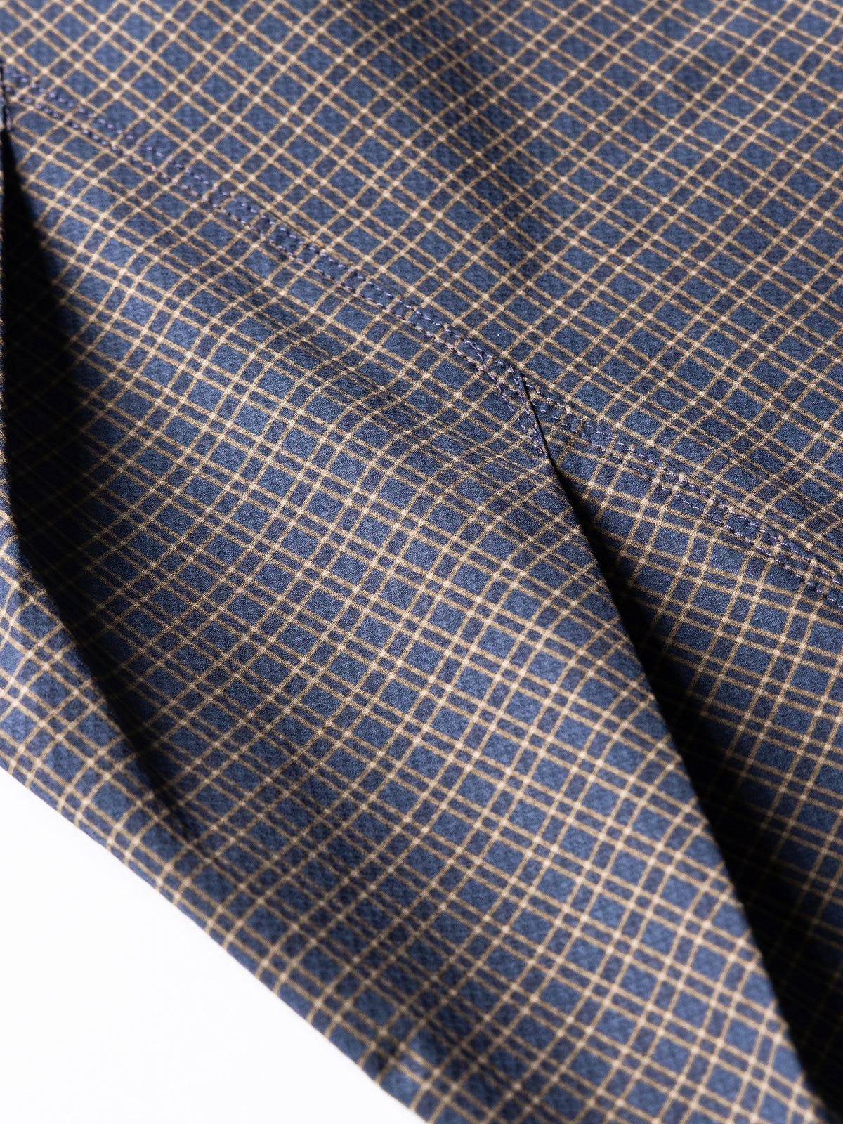 Slate Purple hiking cargo pants — close-up of the fine weave and yellow check lines