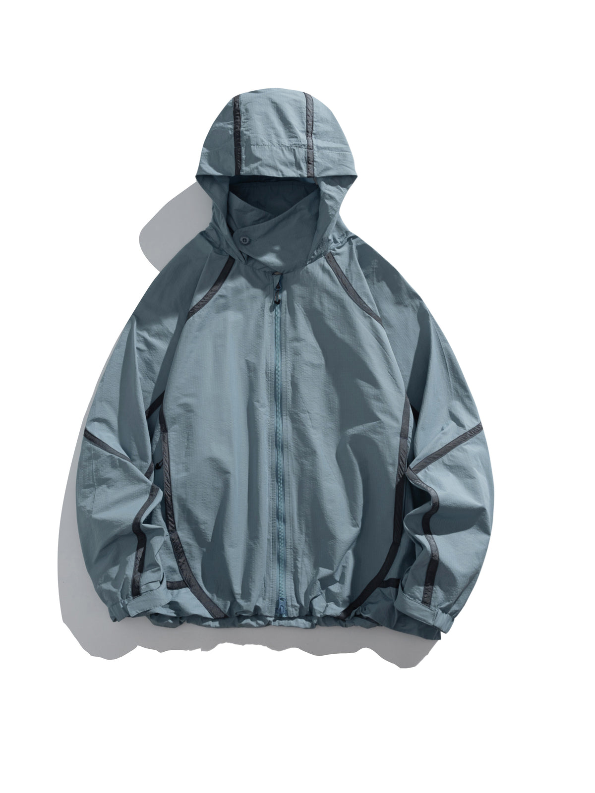 Blue jacket — flat front view with the hood, sleeves and hem laid out